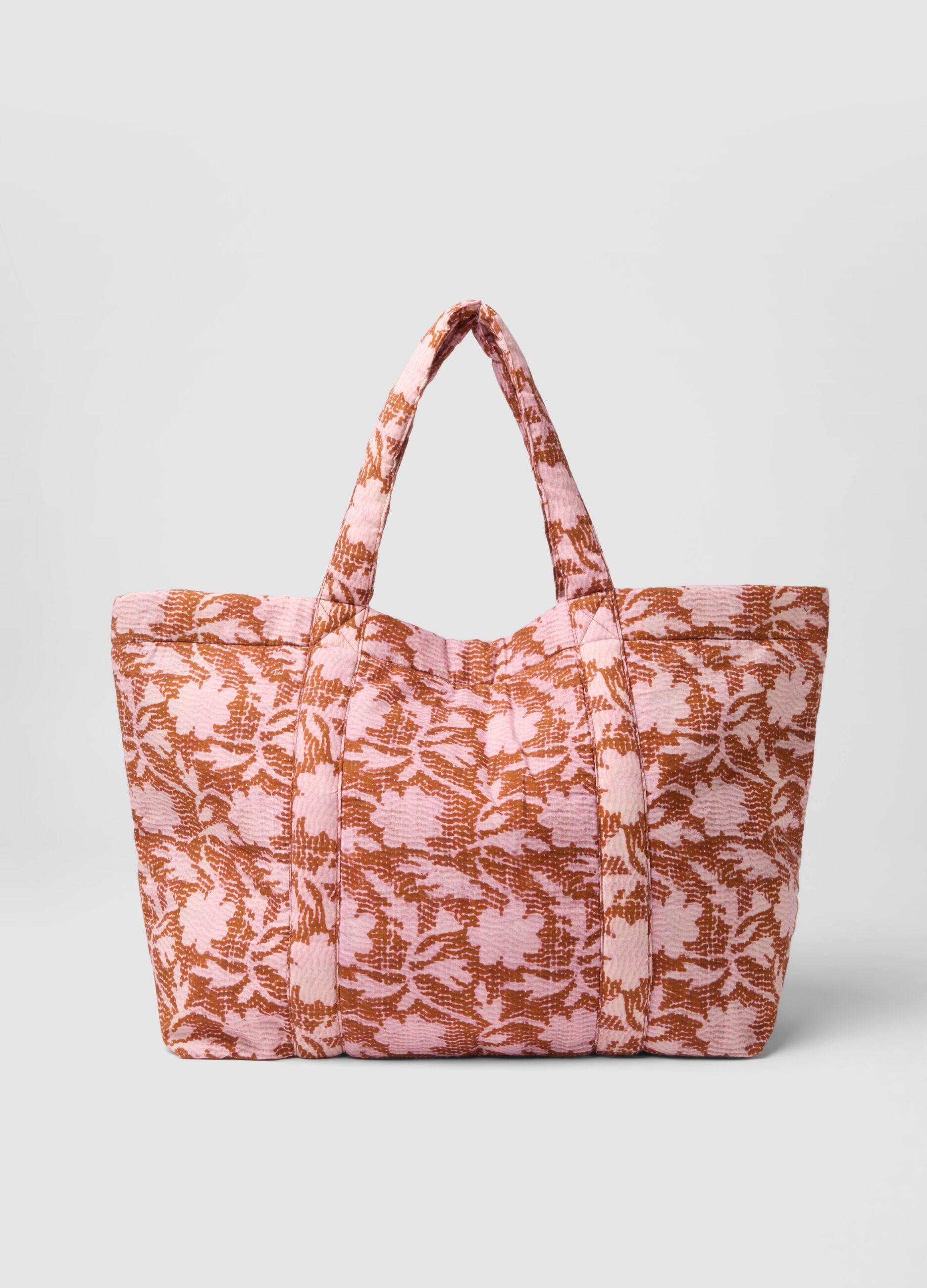 Pink pure quilted cotton beach bag with floral print