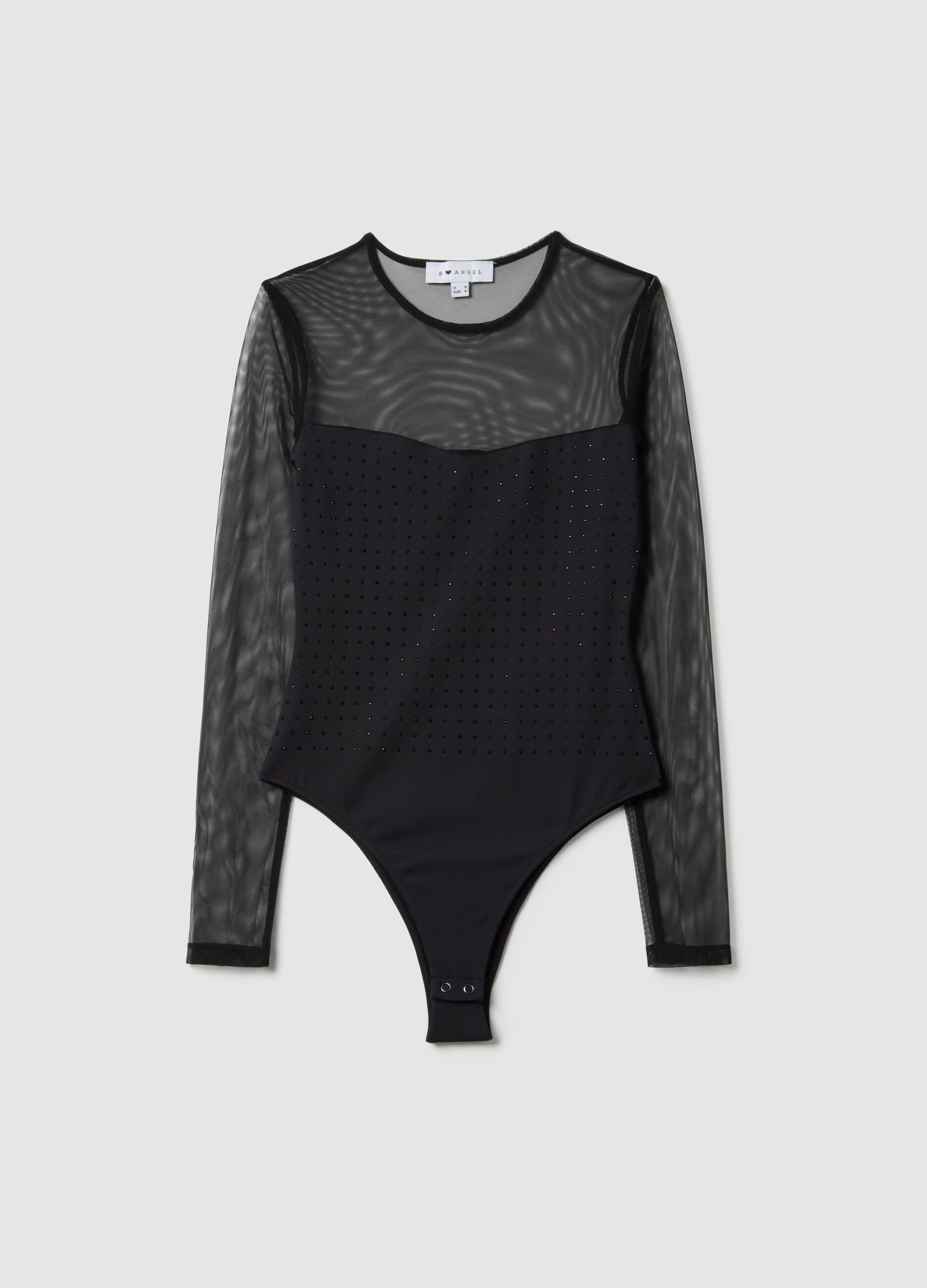 Black slim fit bodysuit with sheer accents