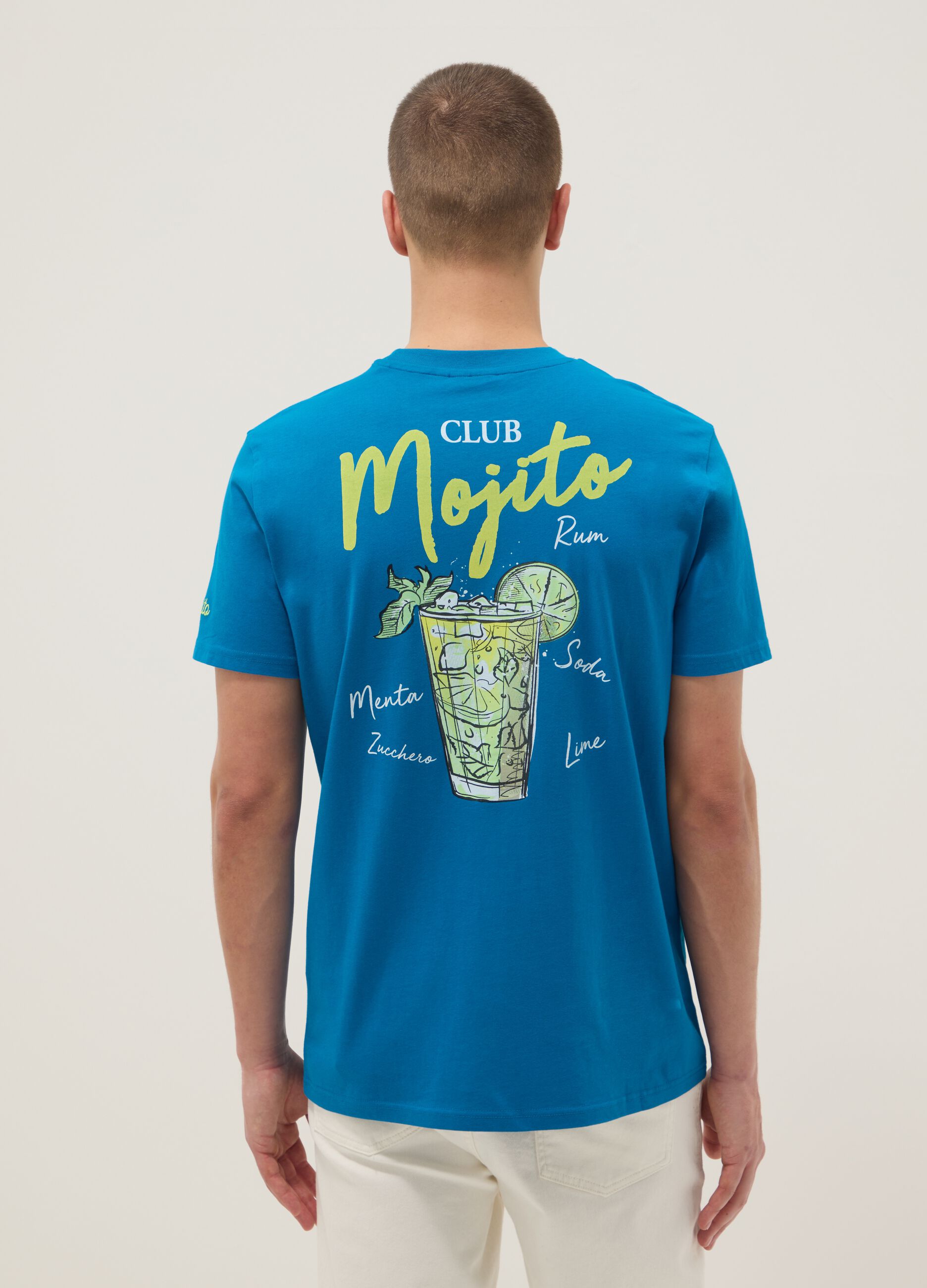Regular fit pure cotton blue T-shirt with mojito print