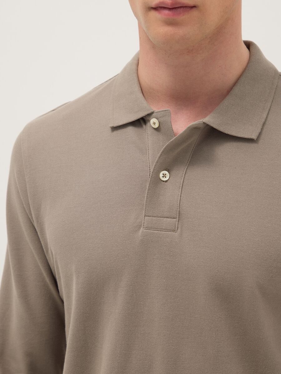 Beige Long Sleeve Polo in Pure Cotton Regular Fit_3