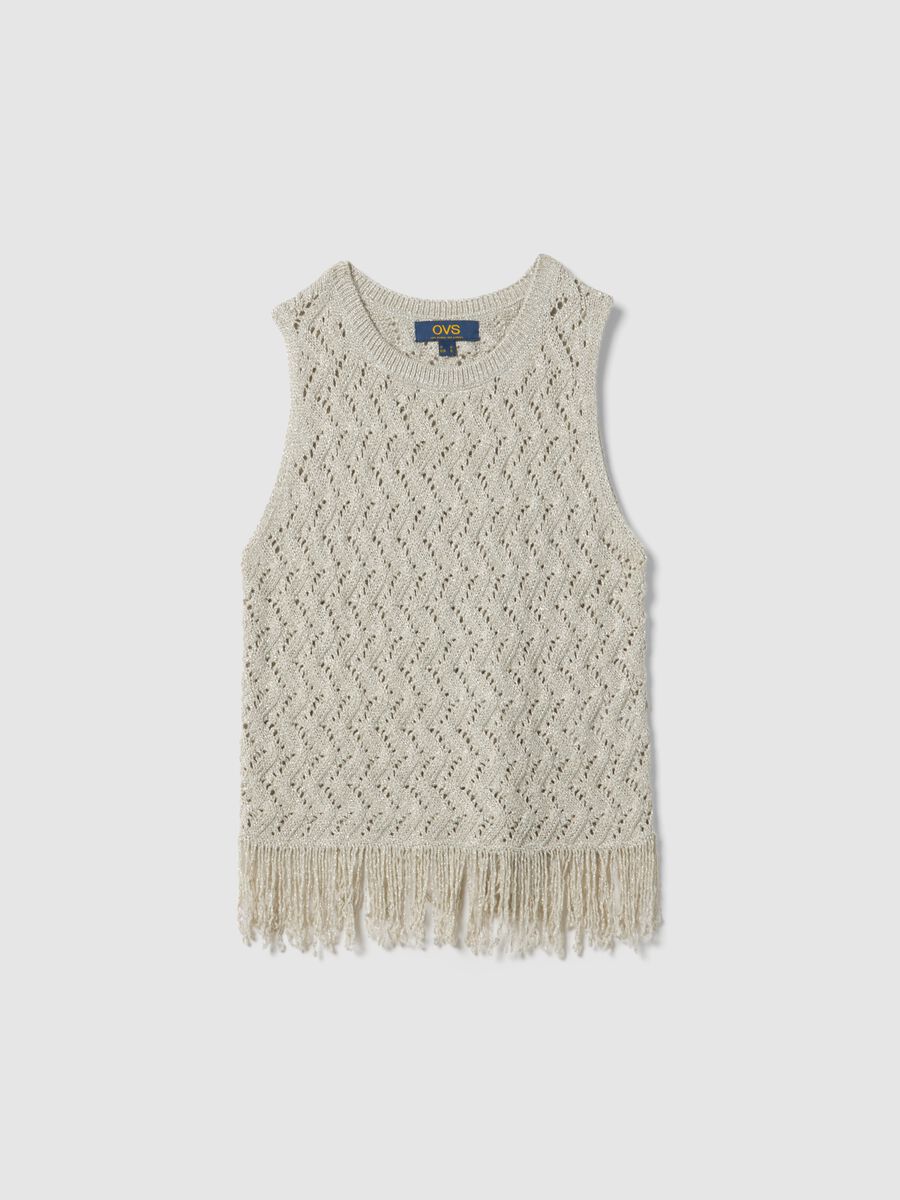 Beige viscose blend regular fit perforated top with fringes_4