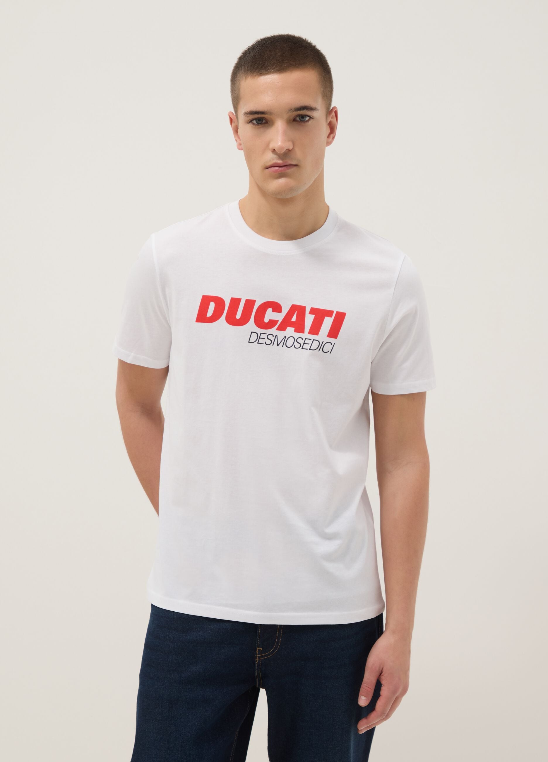 White pure cotton regular fit T-shirt with Ducati print