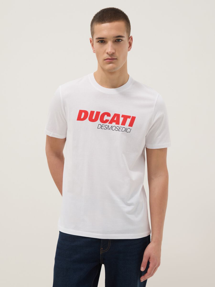 White pure cotton regular fit T-shirt with Ducati print_0
