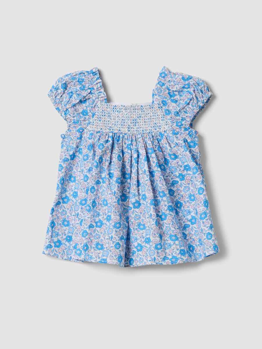Blue pure cotton floral blouse with frills_0