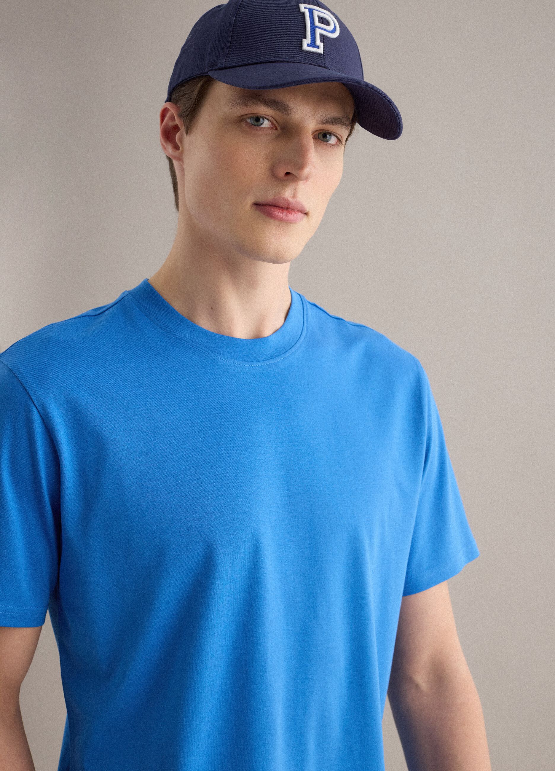 Blue pure cotton crew neck T-shirt relaxed fit