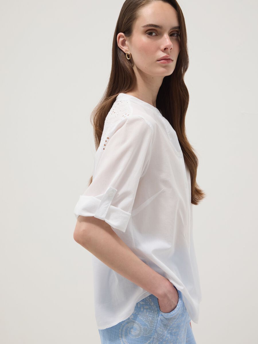 White pure cotton shirt with broderie anglaise embroidery, regular fit_0