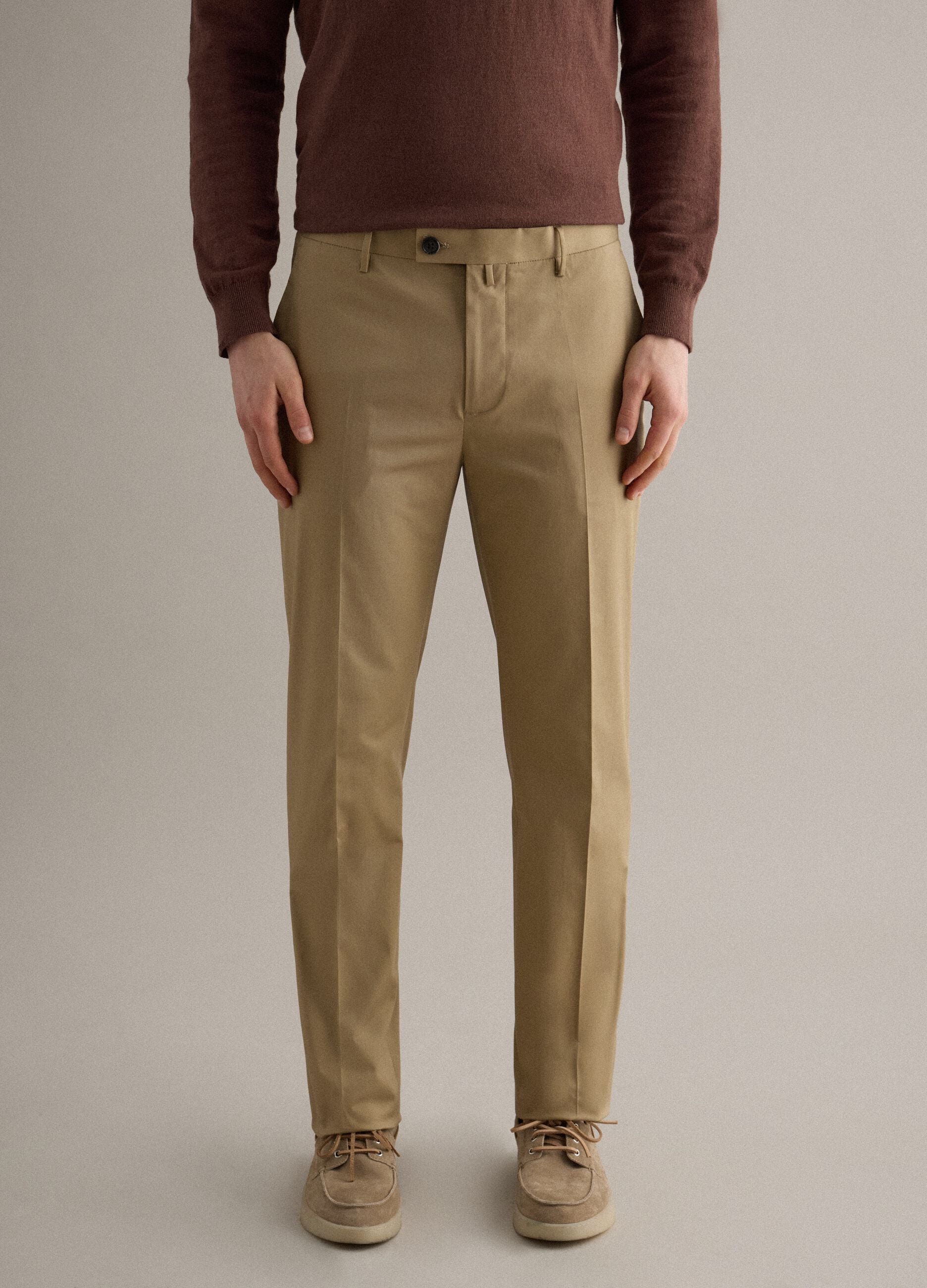 Beige Stretch Cotton Trousers Regular Fit
