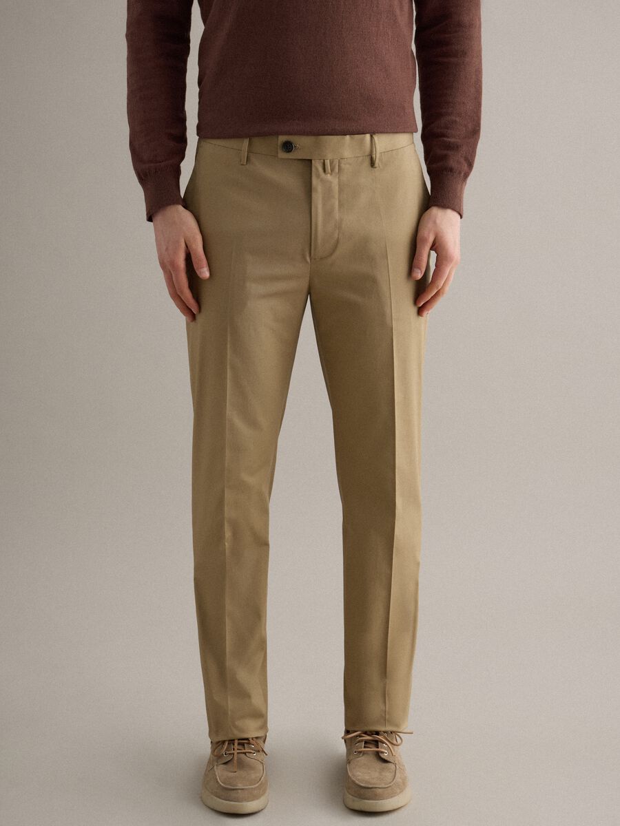Beige Stretch Cotton Trousers Regular Fit_1