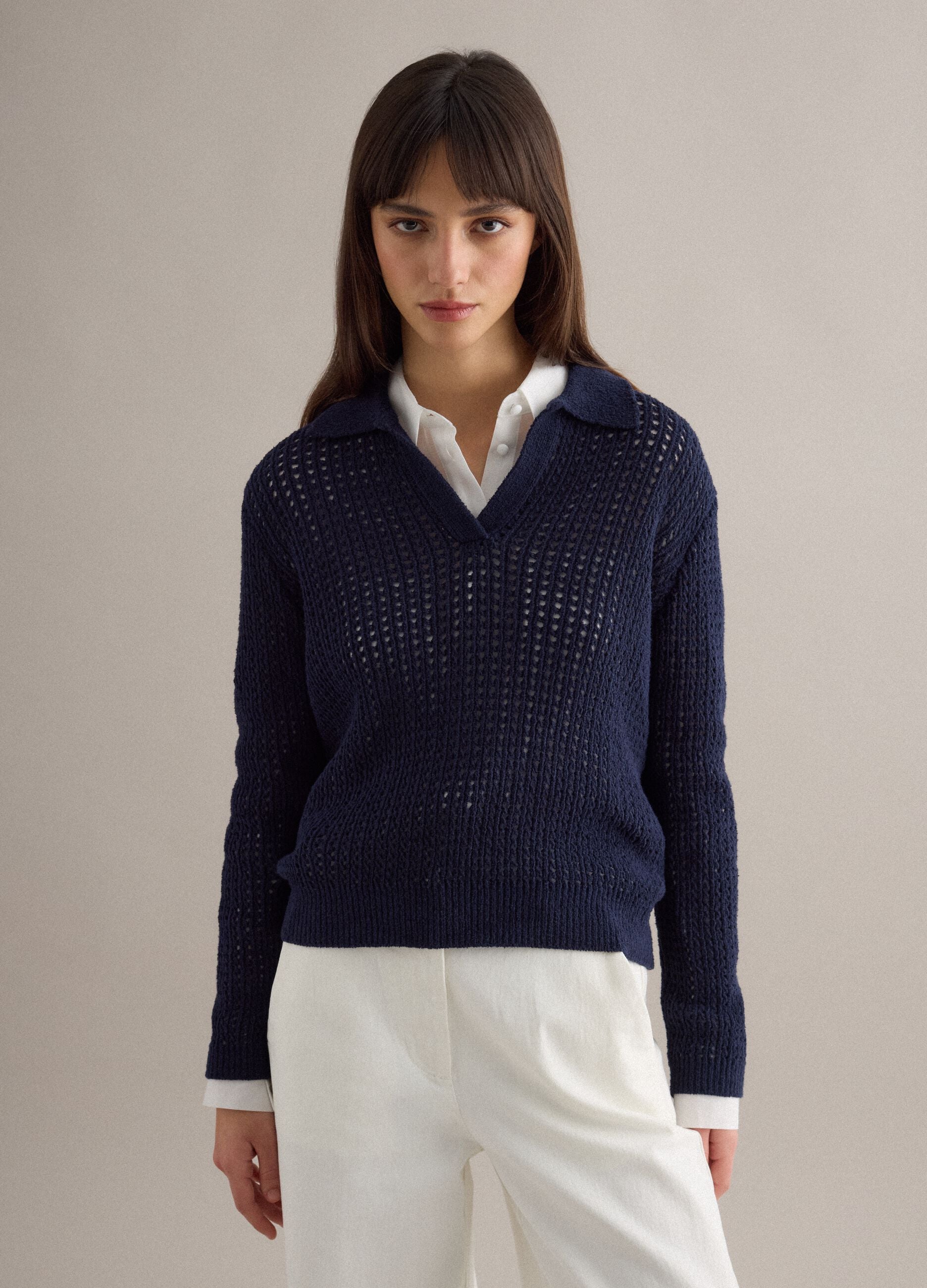 Blue cotton blend regular fit jumper with mesh pattern and polo collar