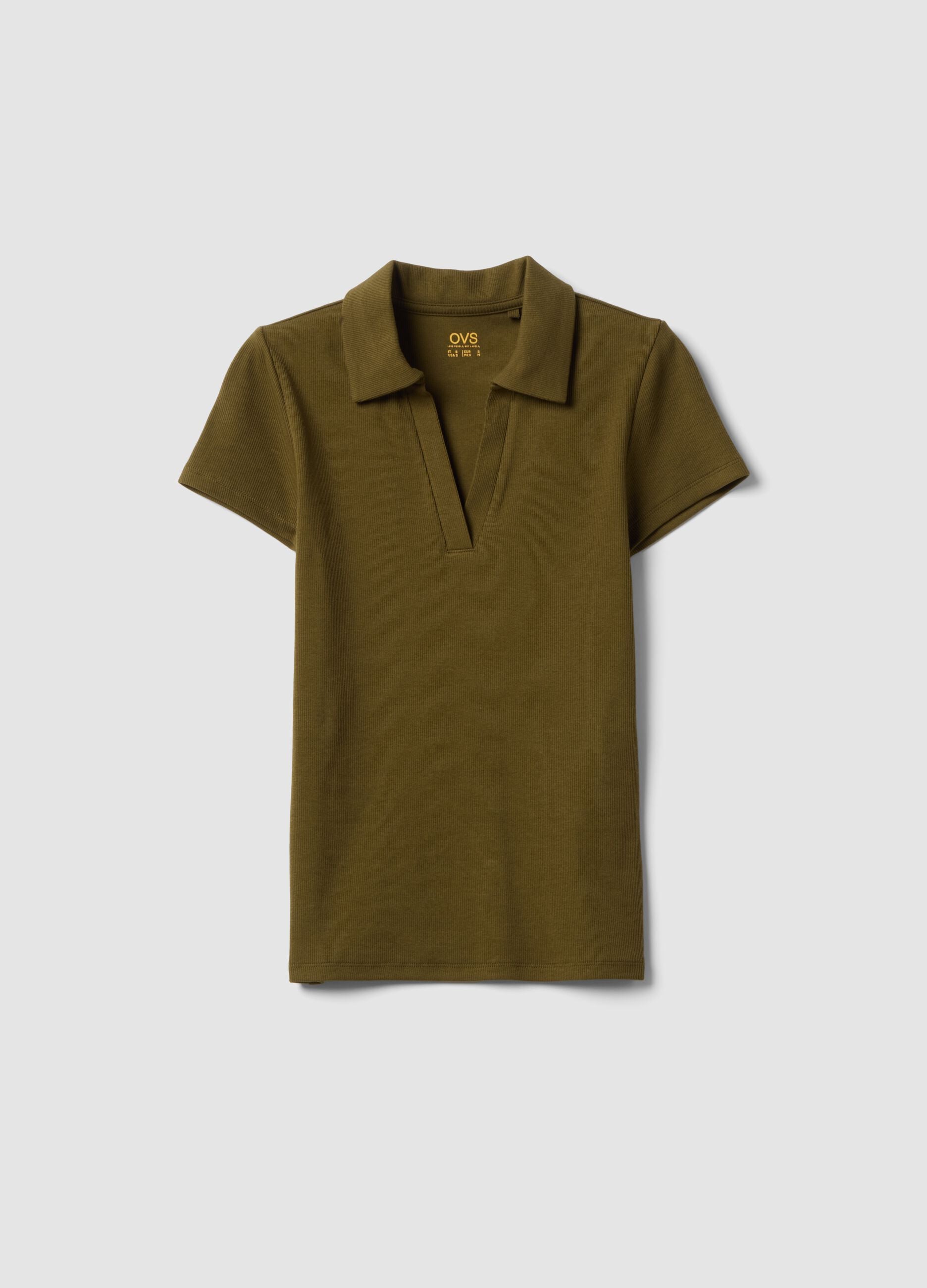 Green stretch cotton V-neck polo shirt with open neckline, regular fit