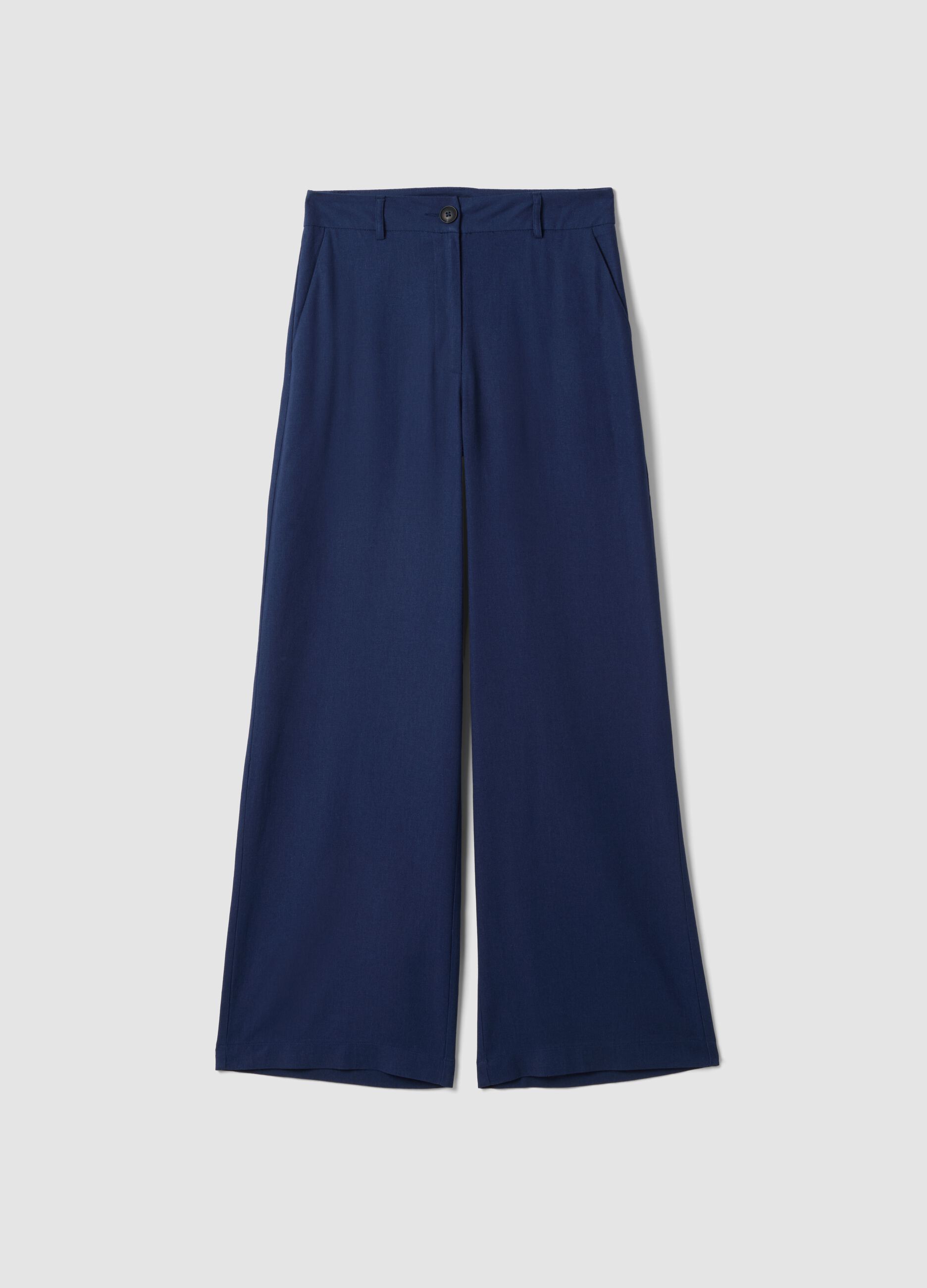 Straight blue regular fit viscose and linen blend chino trousers