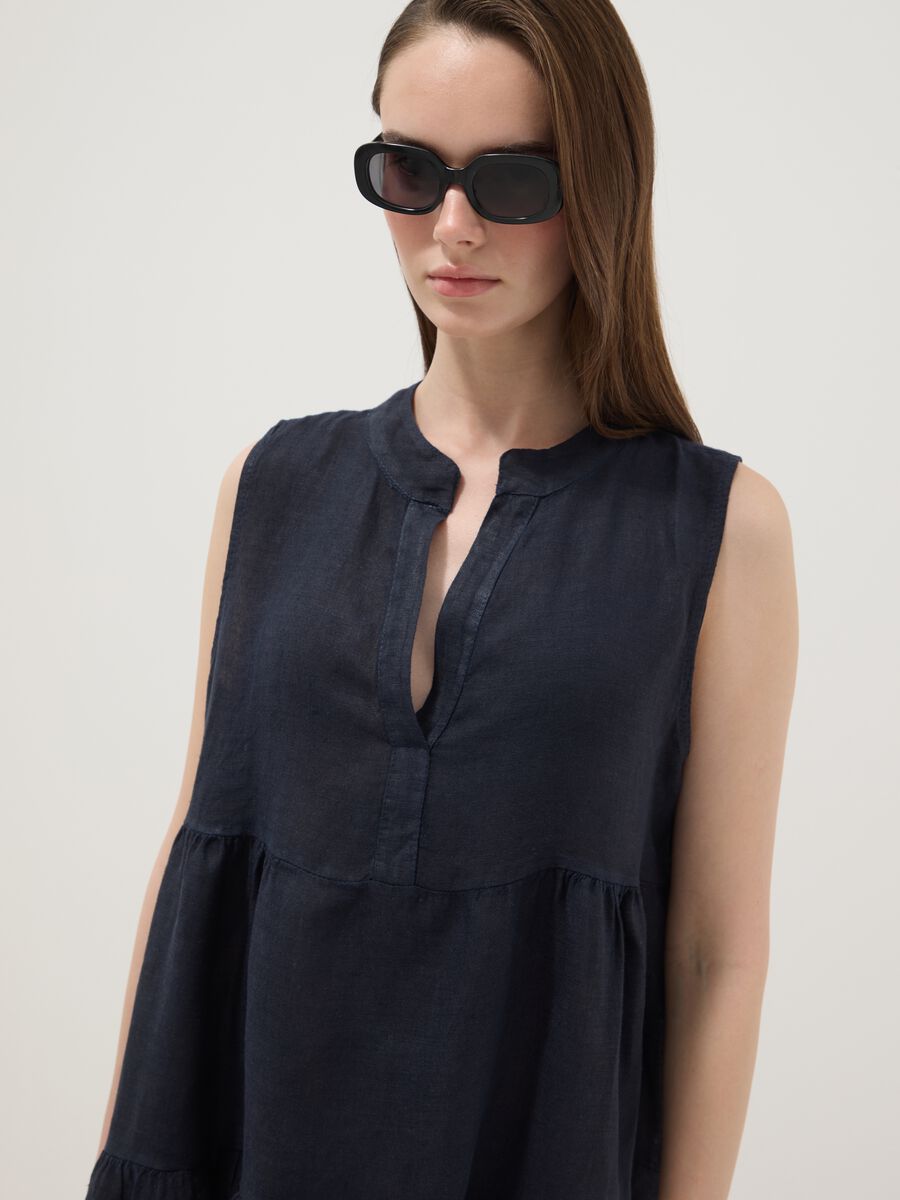 Blue sleeveless pure linen dress, regular fit_2