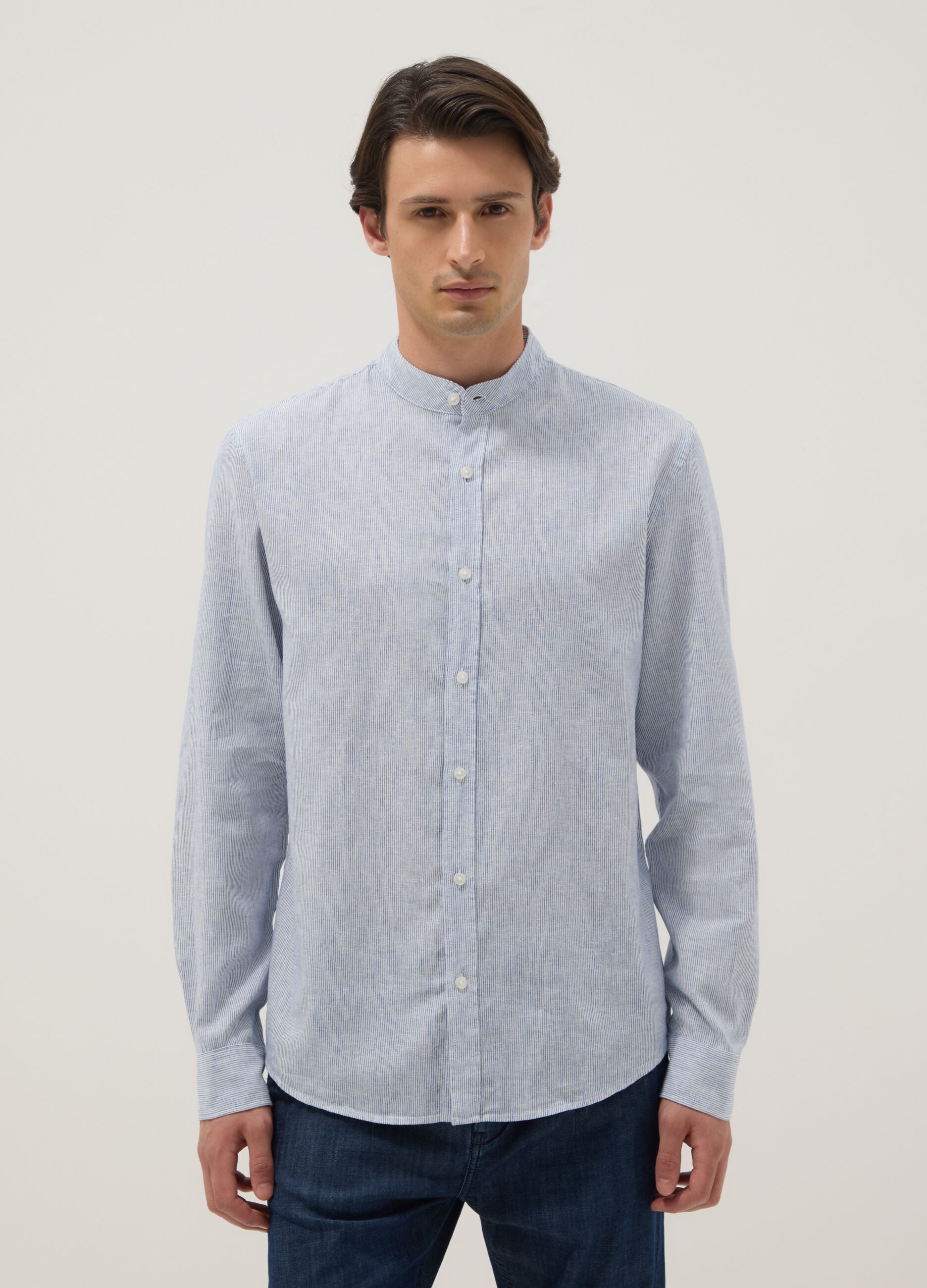 Multicoloured striped shirt with band collar in linen and cotton blend, regular fit