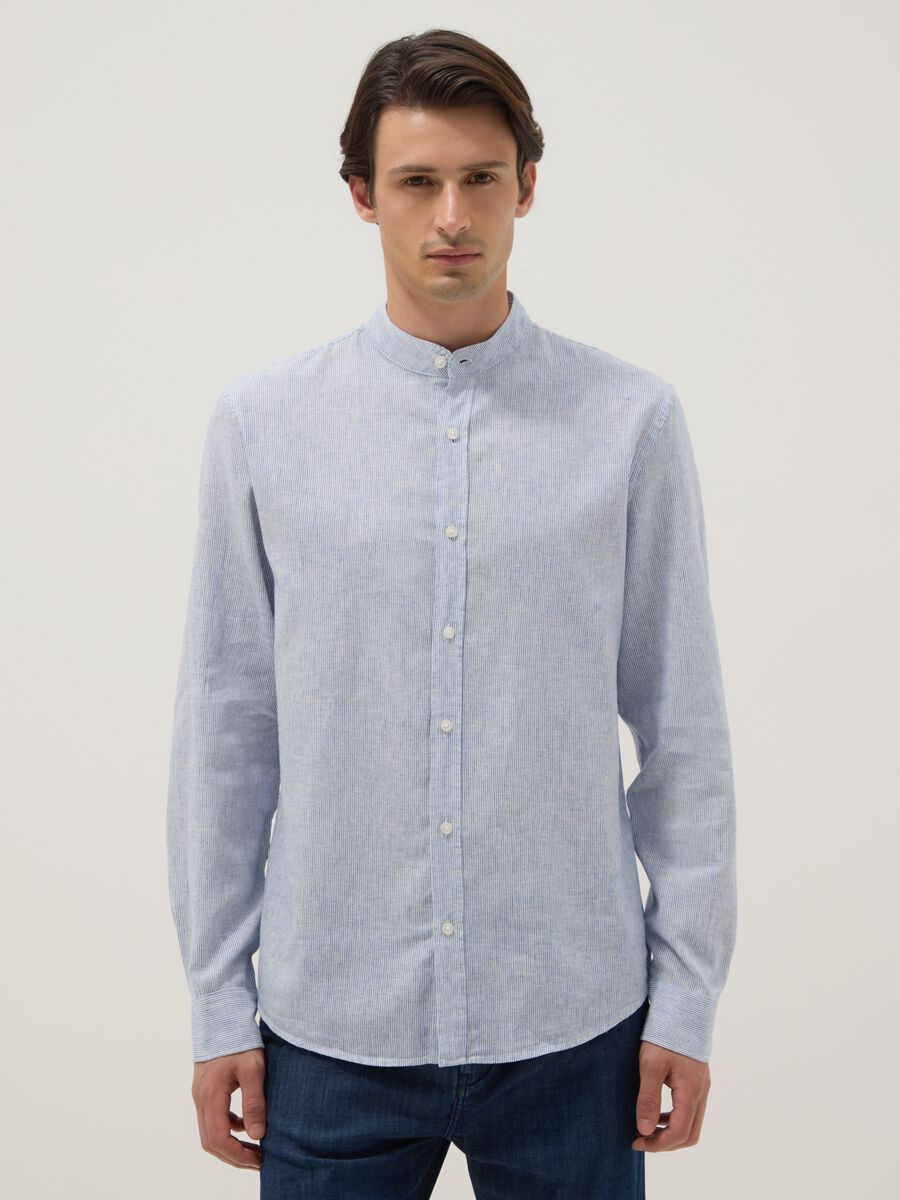 Camicia a righe multicolor con collo alla coreana in misto lino e cotone regular fit_0