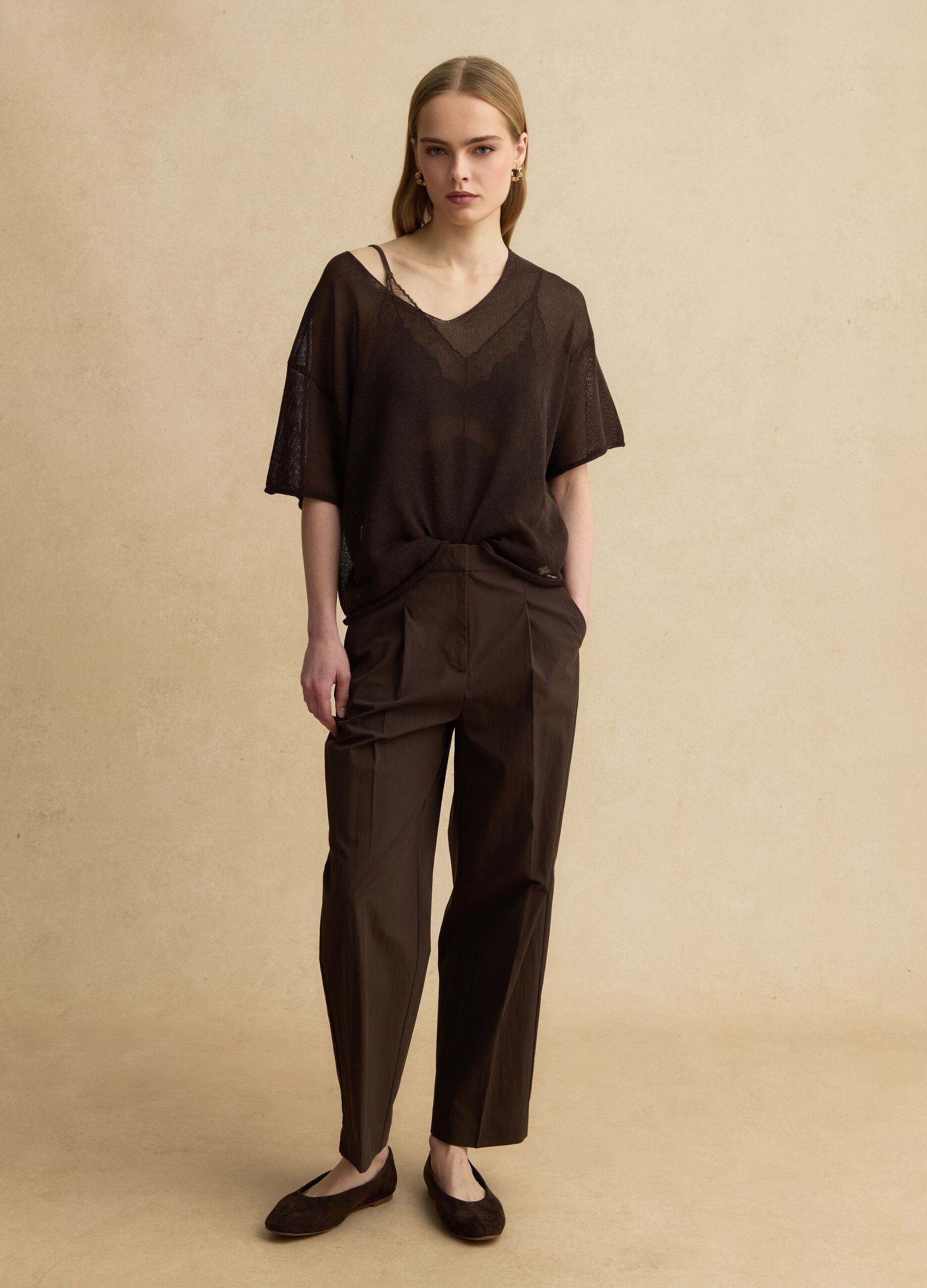 Brown oversized fit V-neck lyocell and linen blend sweater