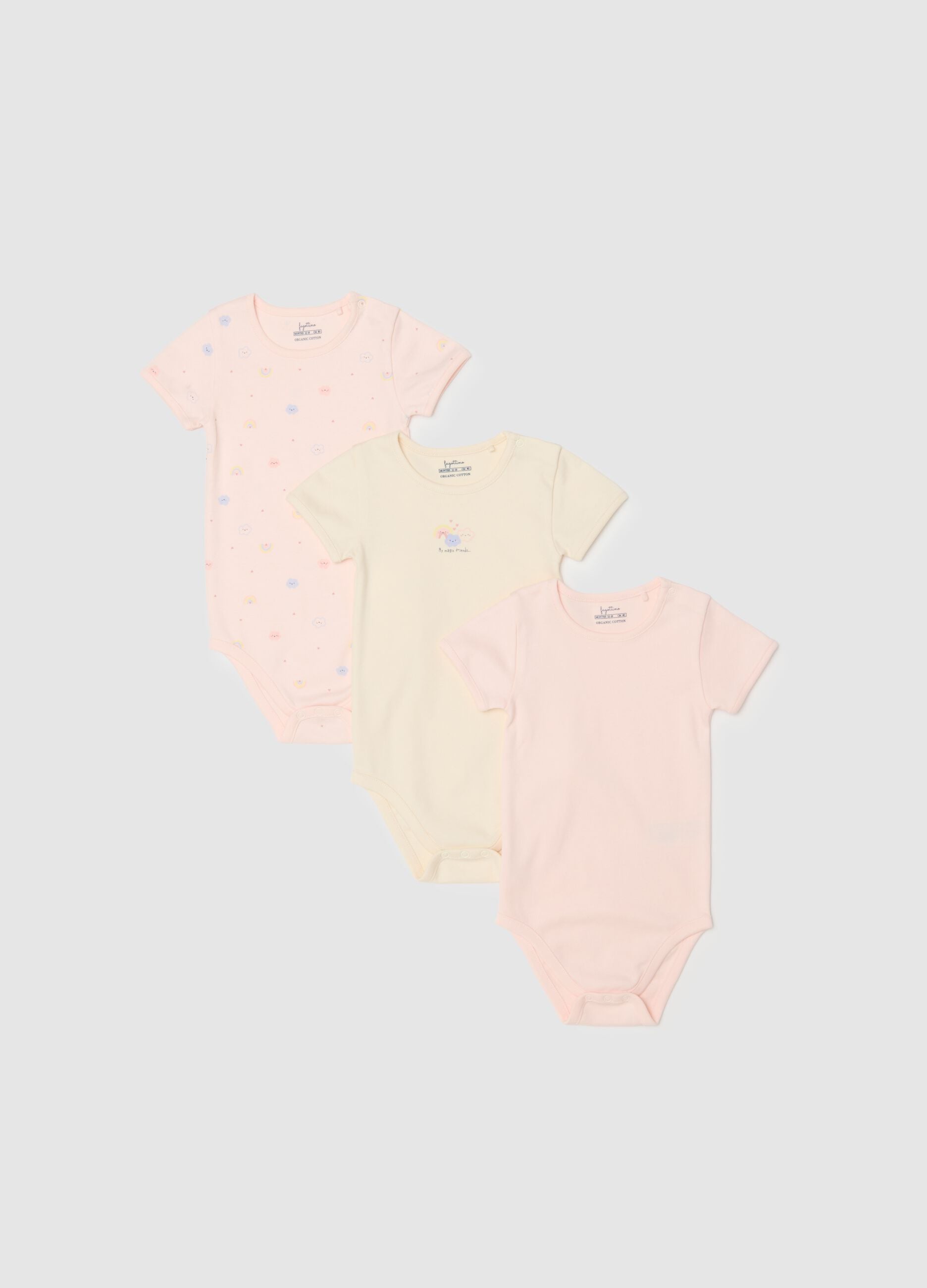 Pack of short sleeve multicolour bodysuits in pure cotton for baby girls