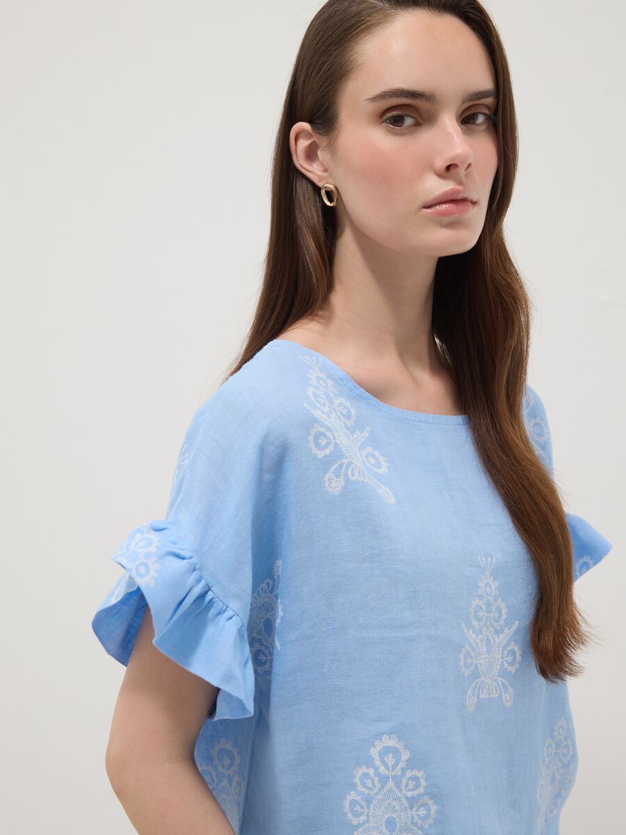 Light blue pure linen blouse with embroidery and ruffled sleeves, regular fit_0