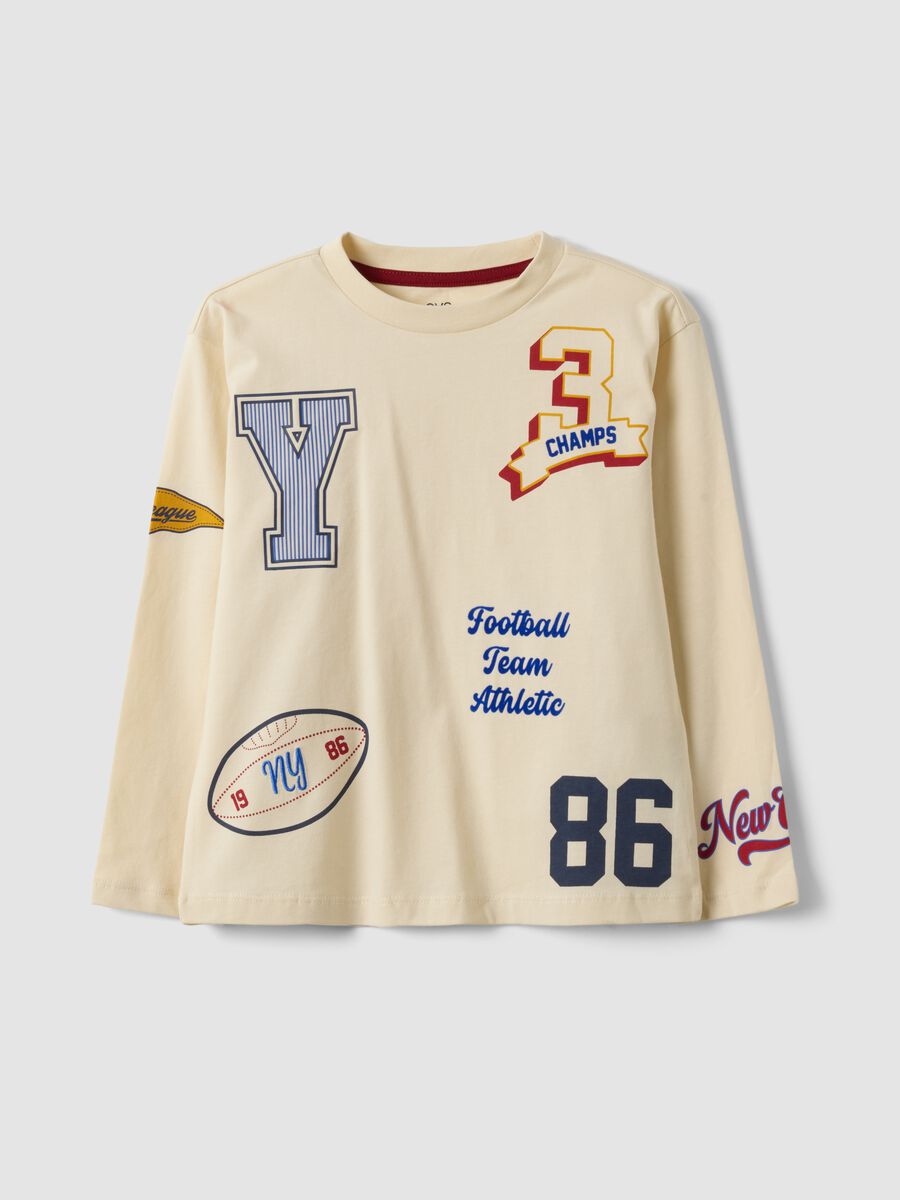 Beige pure cotton crew-neck college-print T-shirt for boys_0