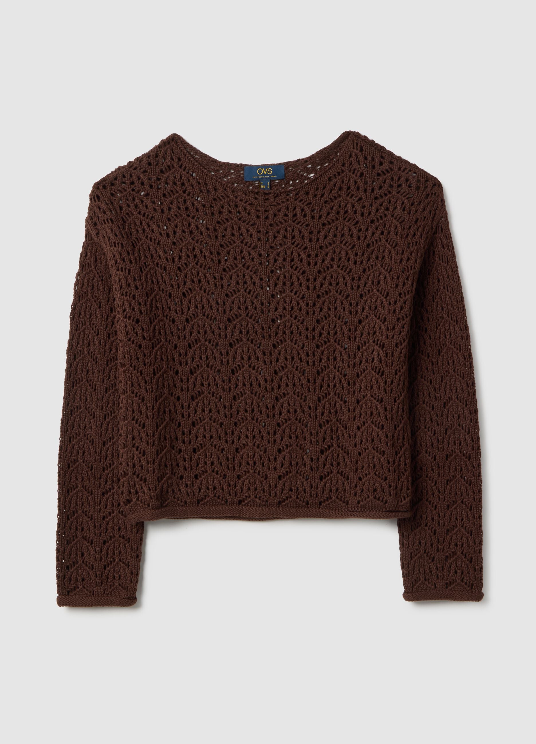 Brown pure cotton sweater with perforated pattern, regular fit