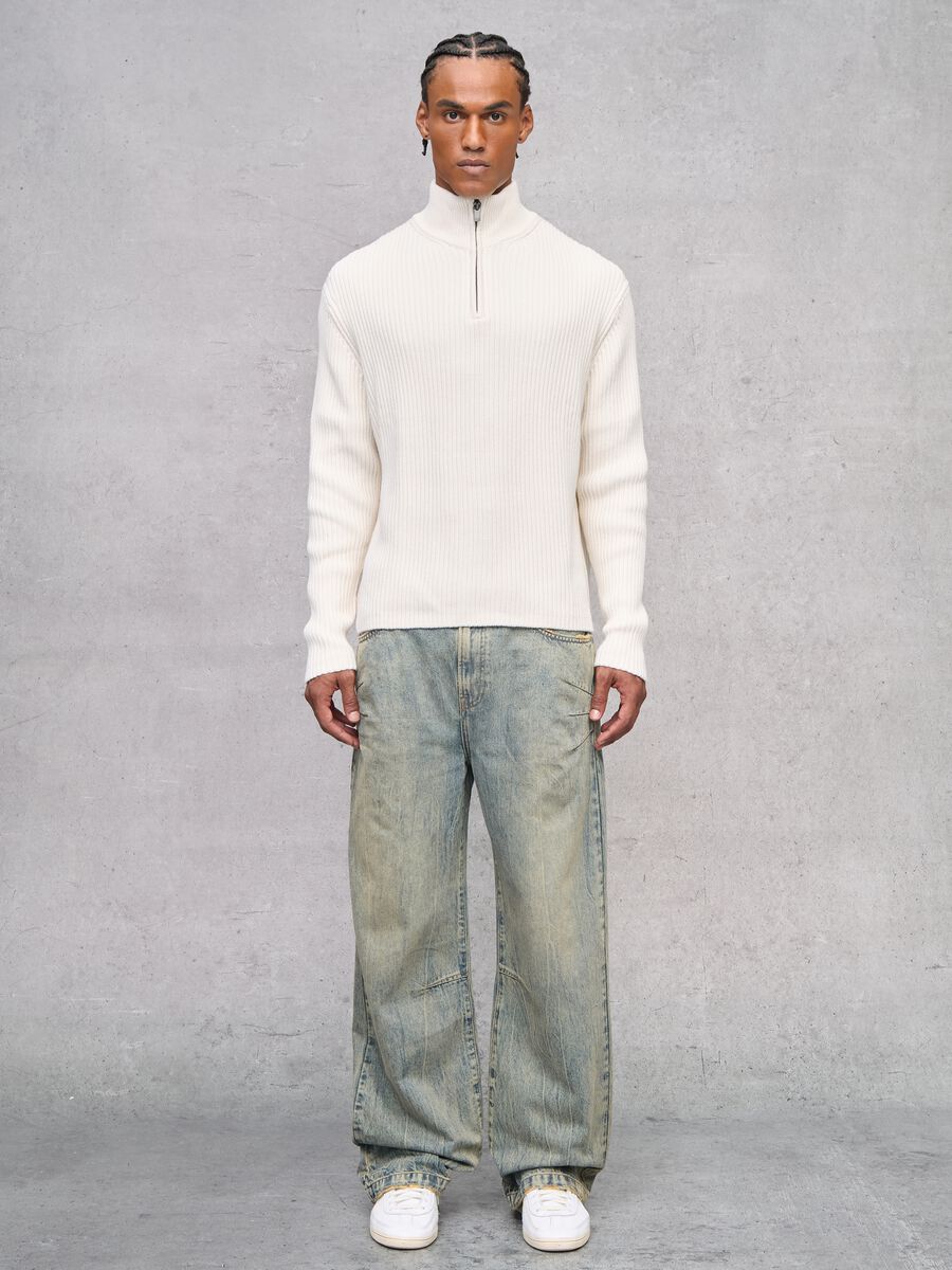 White Ribbed Knit Half-Zip_3