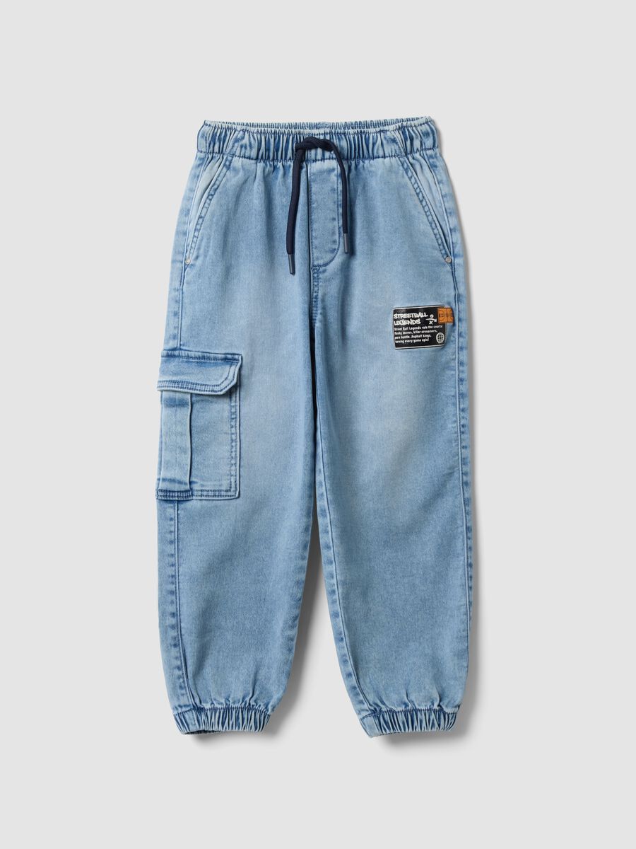 Light blue denim jogger trousers in stretch cotton for boys, relaxed fit_0