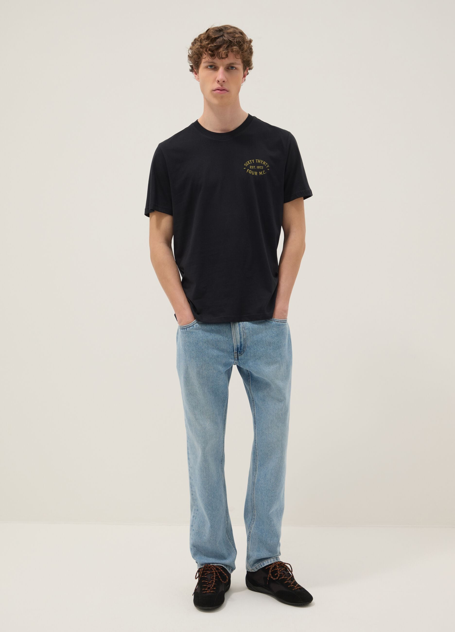Black printed T-shirt in pure cotton, regular fit