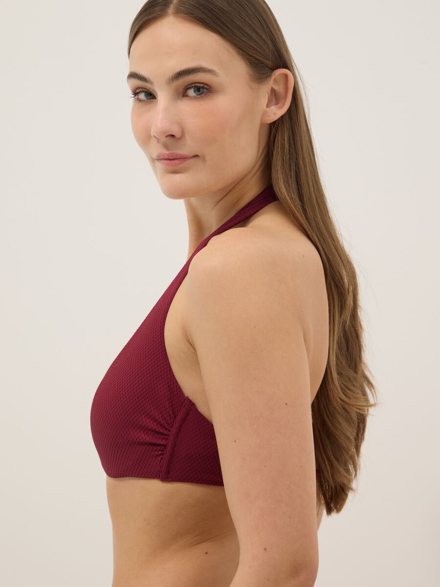 Red stretch triangle bikini top with central buckle_3