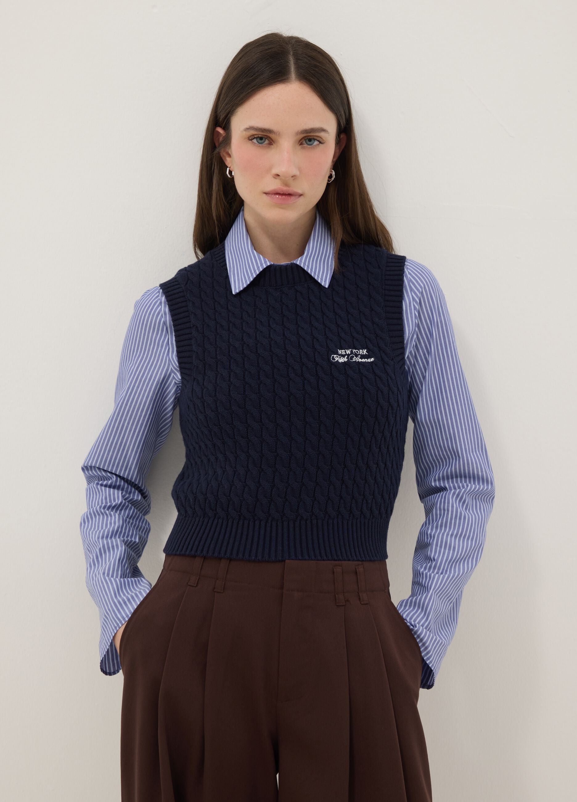 Blue pure cotton gilet regular fit with cable design