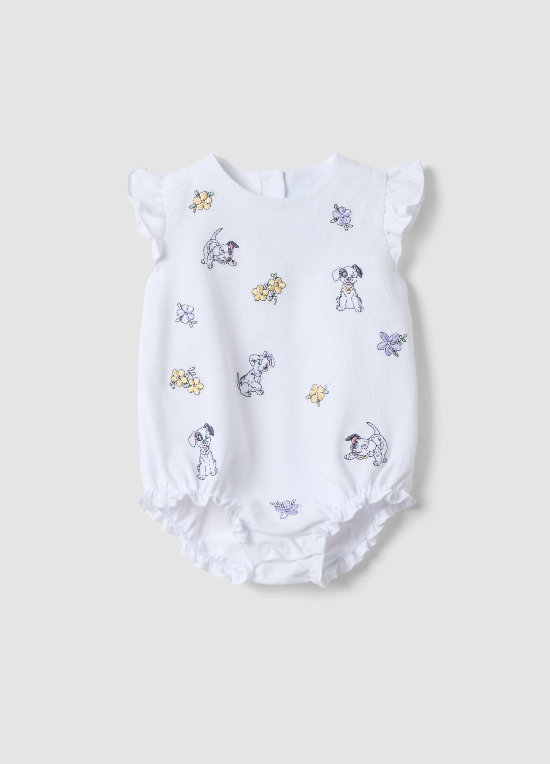 White organic cotton baby romper with ruffles