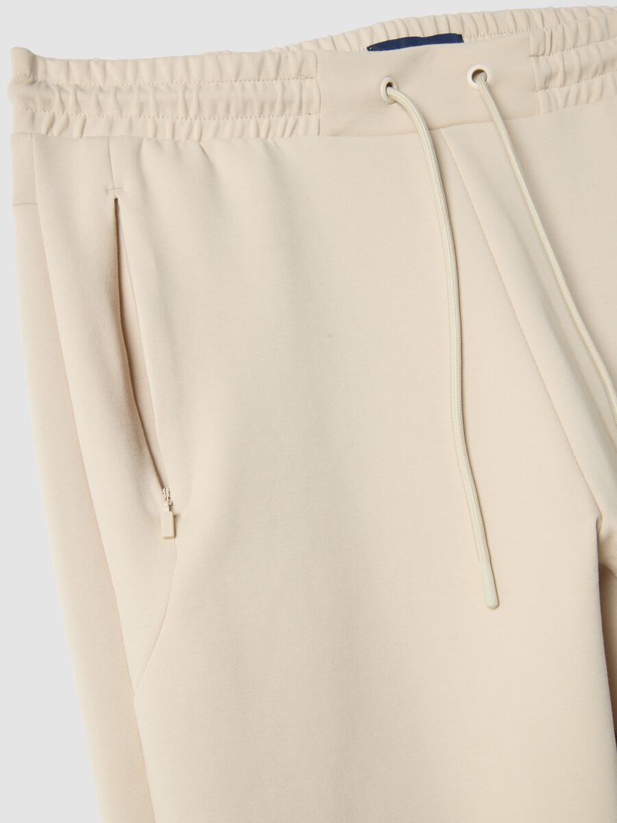 Beige Stretch Cotton Blend Joggers, Regular Fit_5