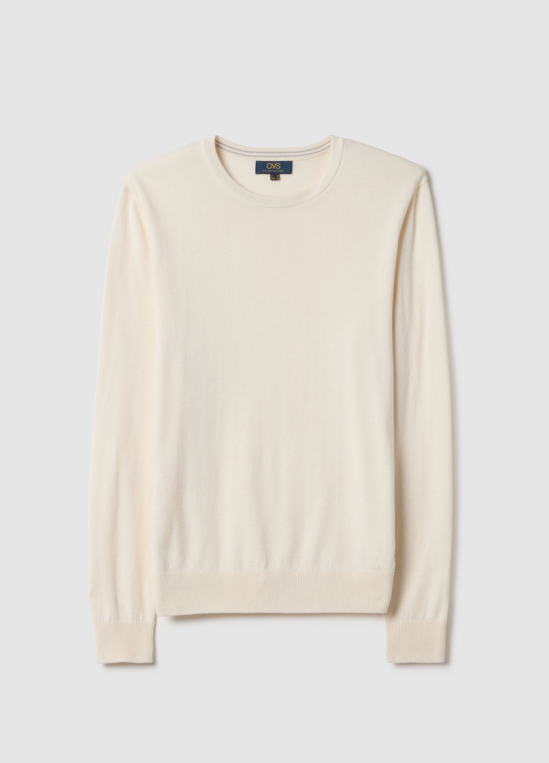 Beige crew-neck cotton blend pullover regular fit