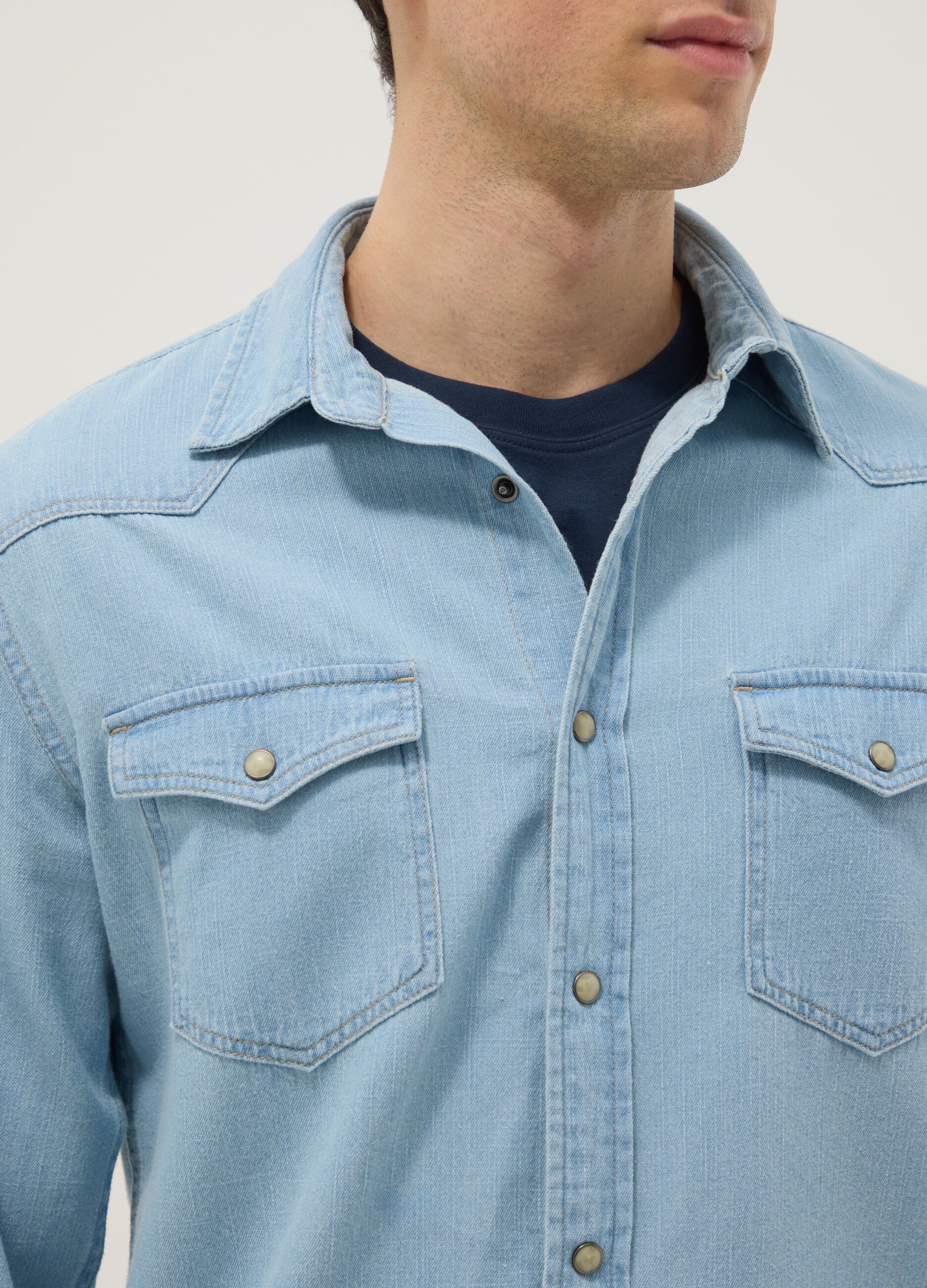 Light blue denim pure cotton shirt regular fit with pockets