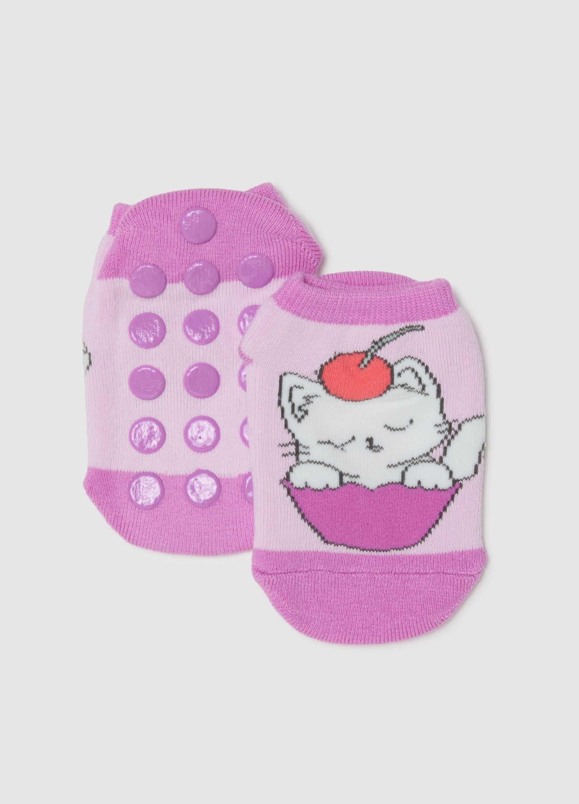 Girls' purple cotton blend socks with cat, regular fit