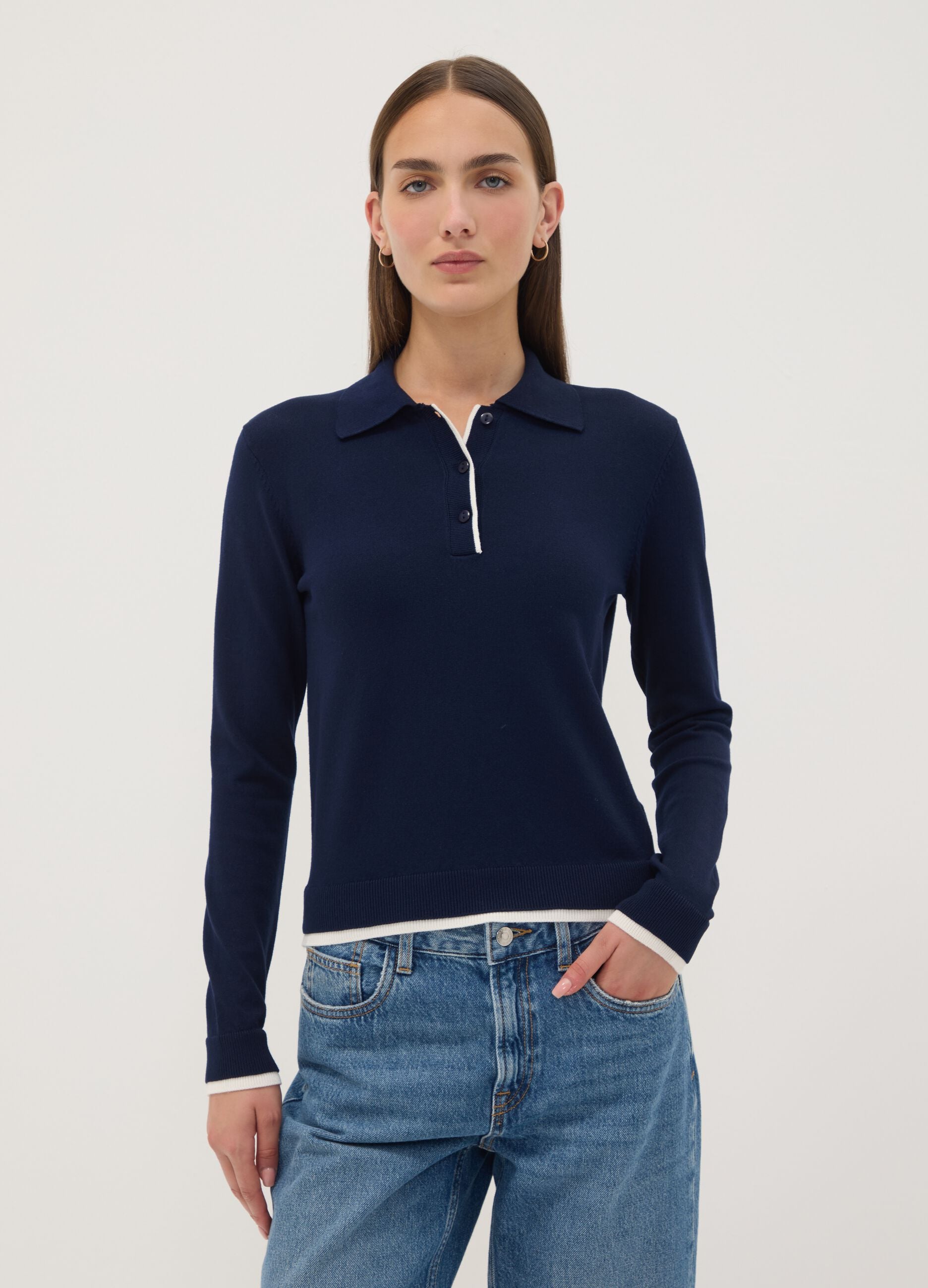 Blue viscose-blend top with polo collar, regular fit