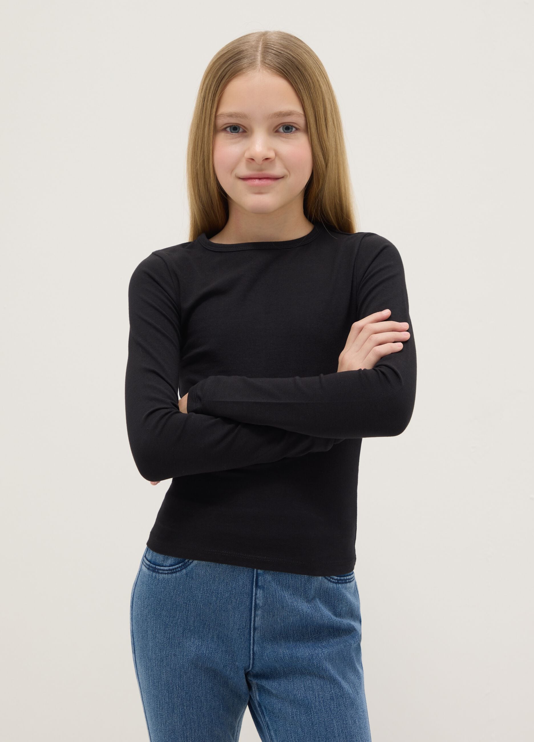 Girls' black long-sleeve cotton blend slim fit top