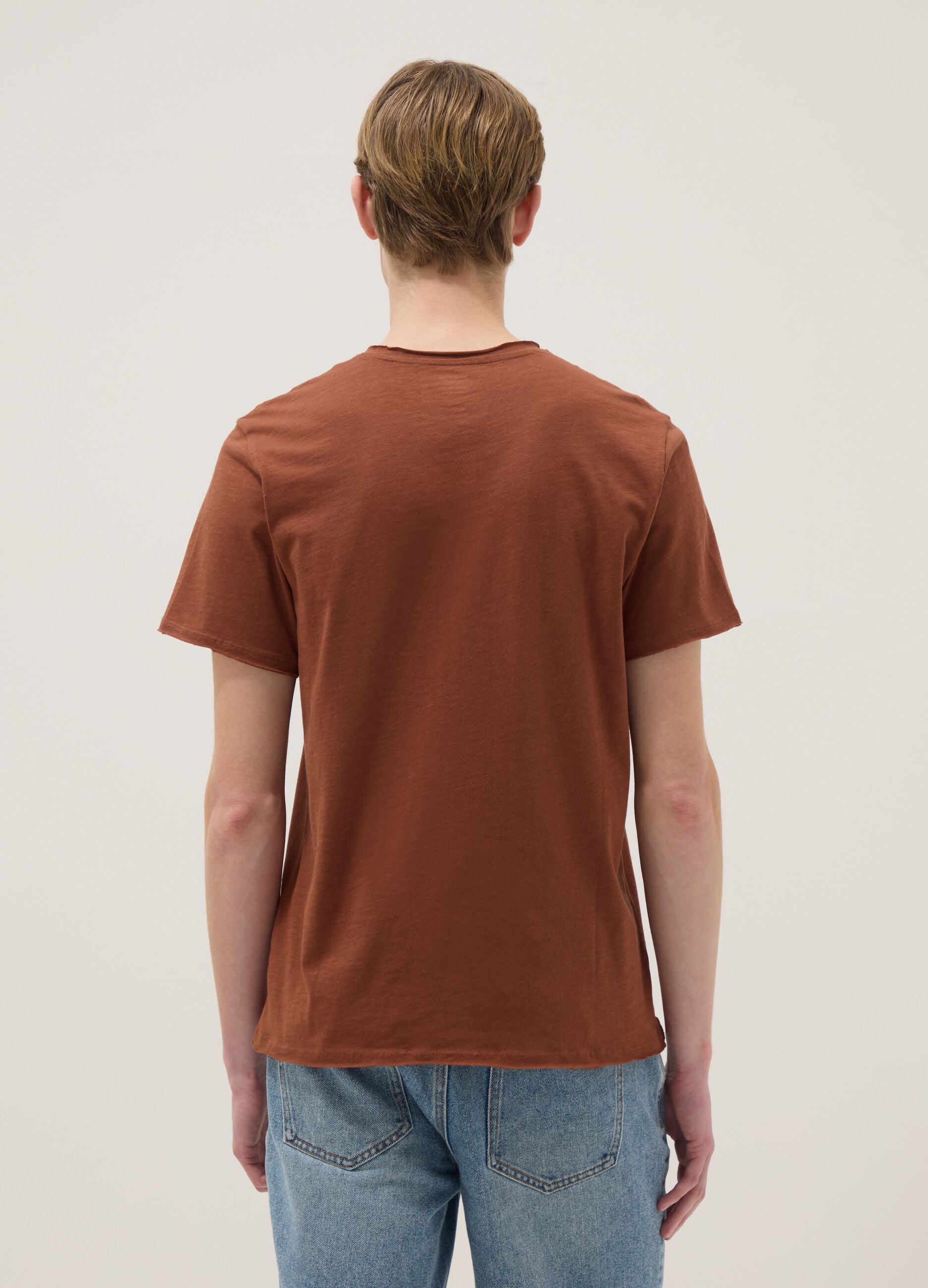 Brown pure cotton regular fit T-shirt with Henley collar