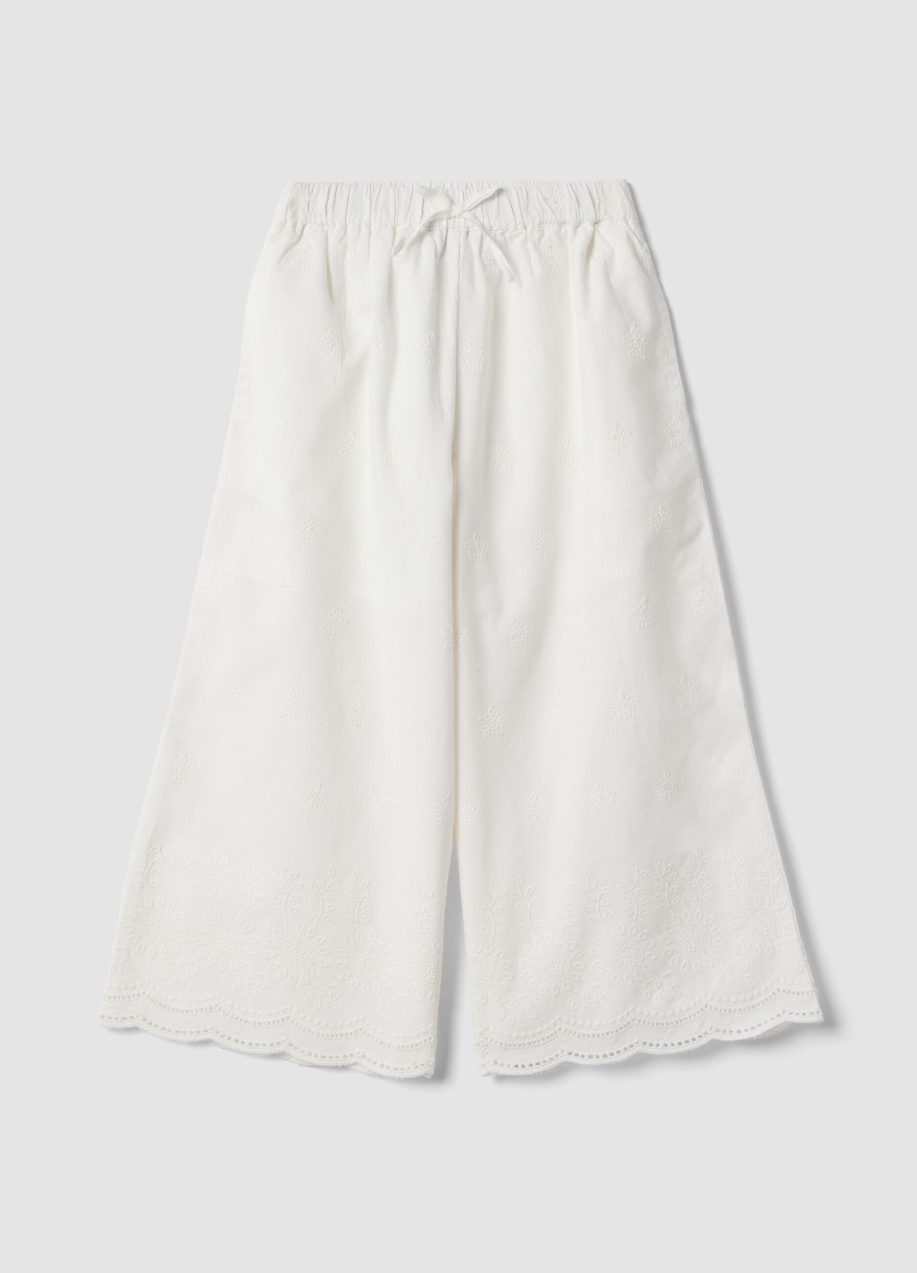 White cotton culottes with embroidery for girls