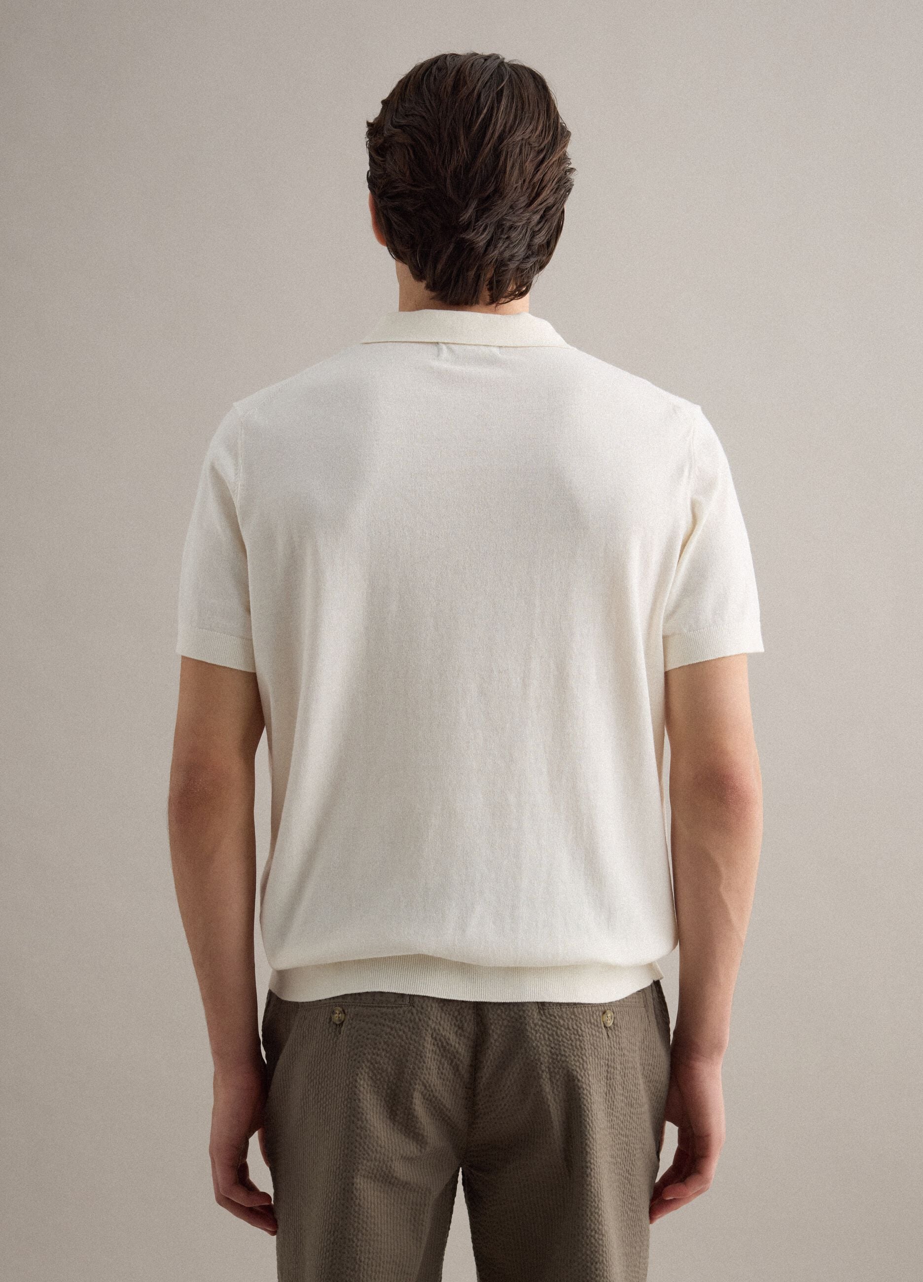 Regular fit white polo in cotton, linen, and silk blend
