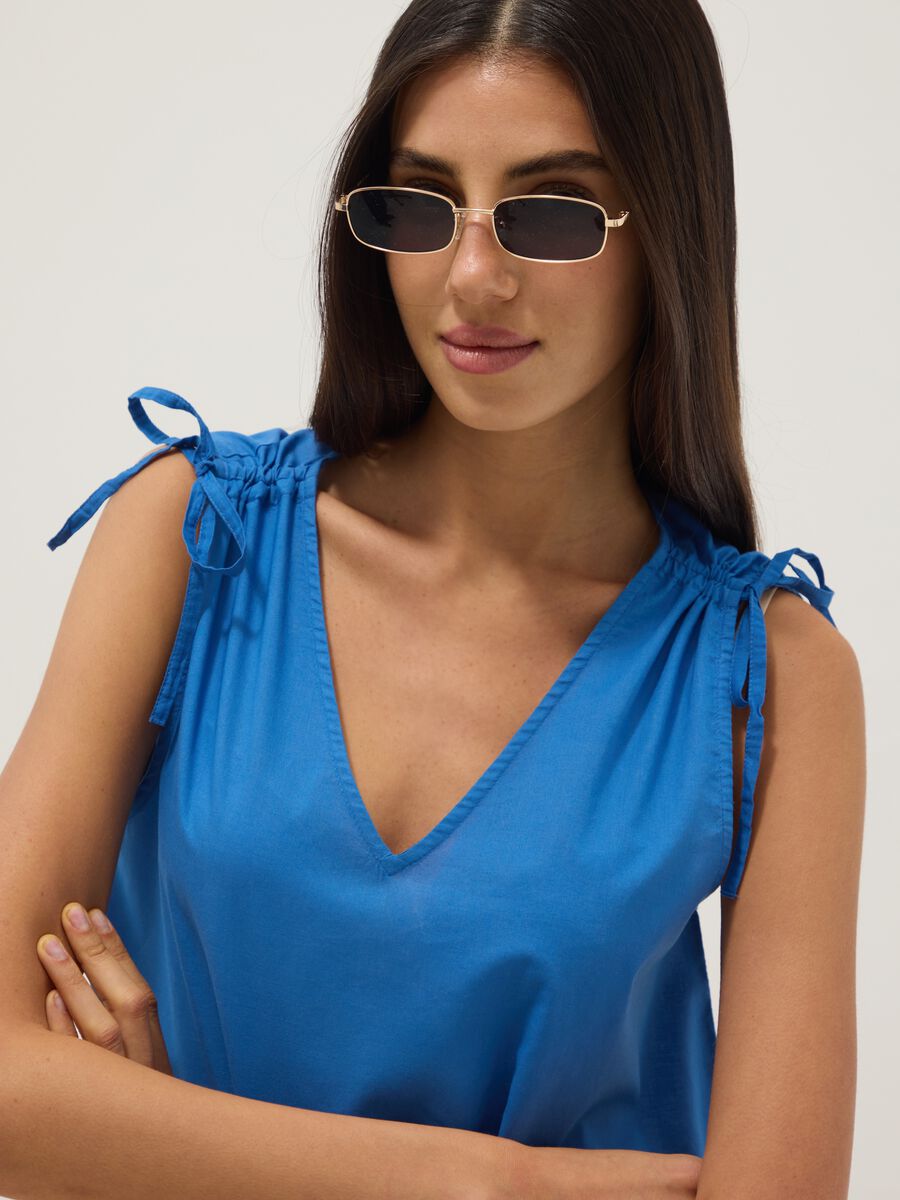 Blue pure cotton V-neck blouse, regular fit_0