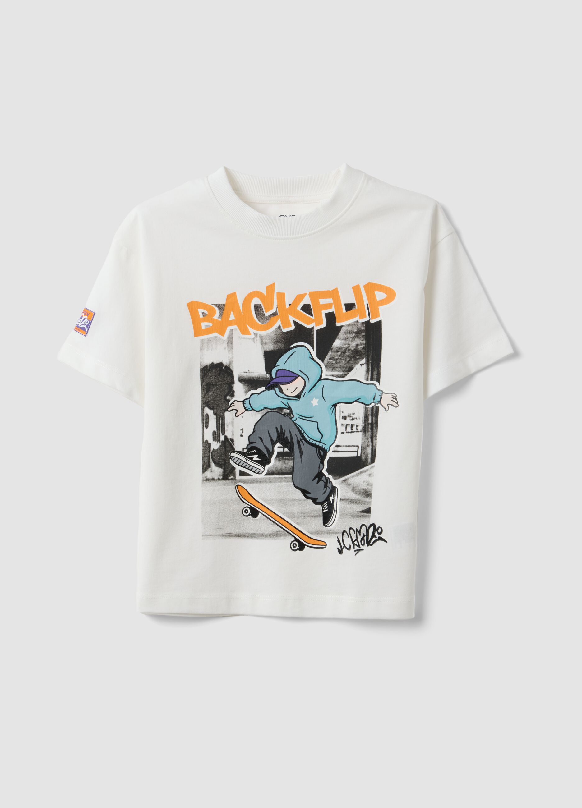 White oversized pure cotton T-shirt with skate print for boys