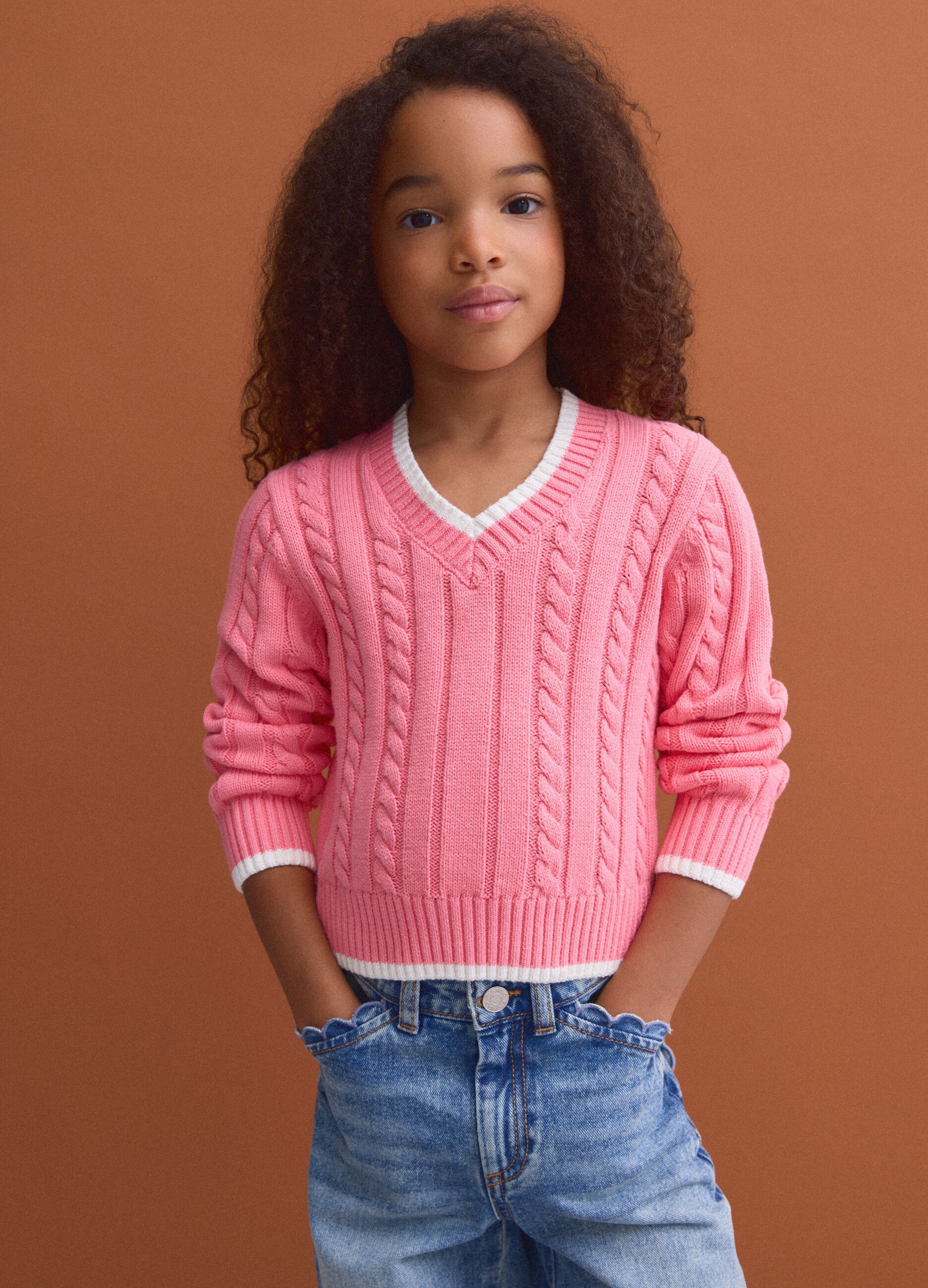 Pink pure cotton cable-knit V-neck jumper for girls