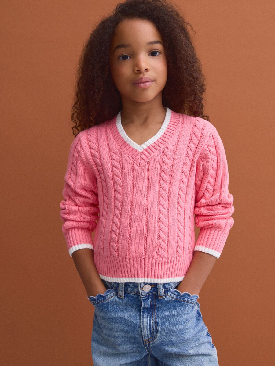 Pink pure cotton cable-knit V-neck jumper for girls_1