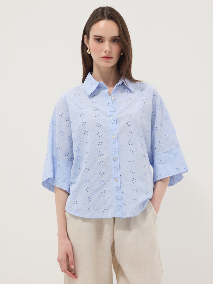 Sky blue openwork pure cotton shirt, regular fit_1