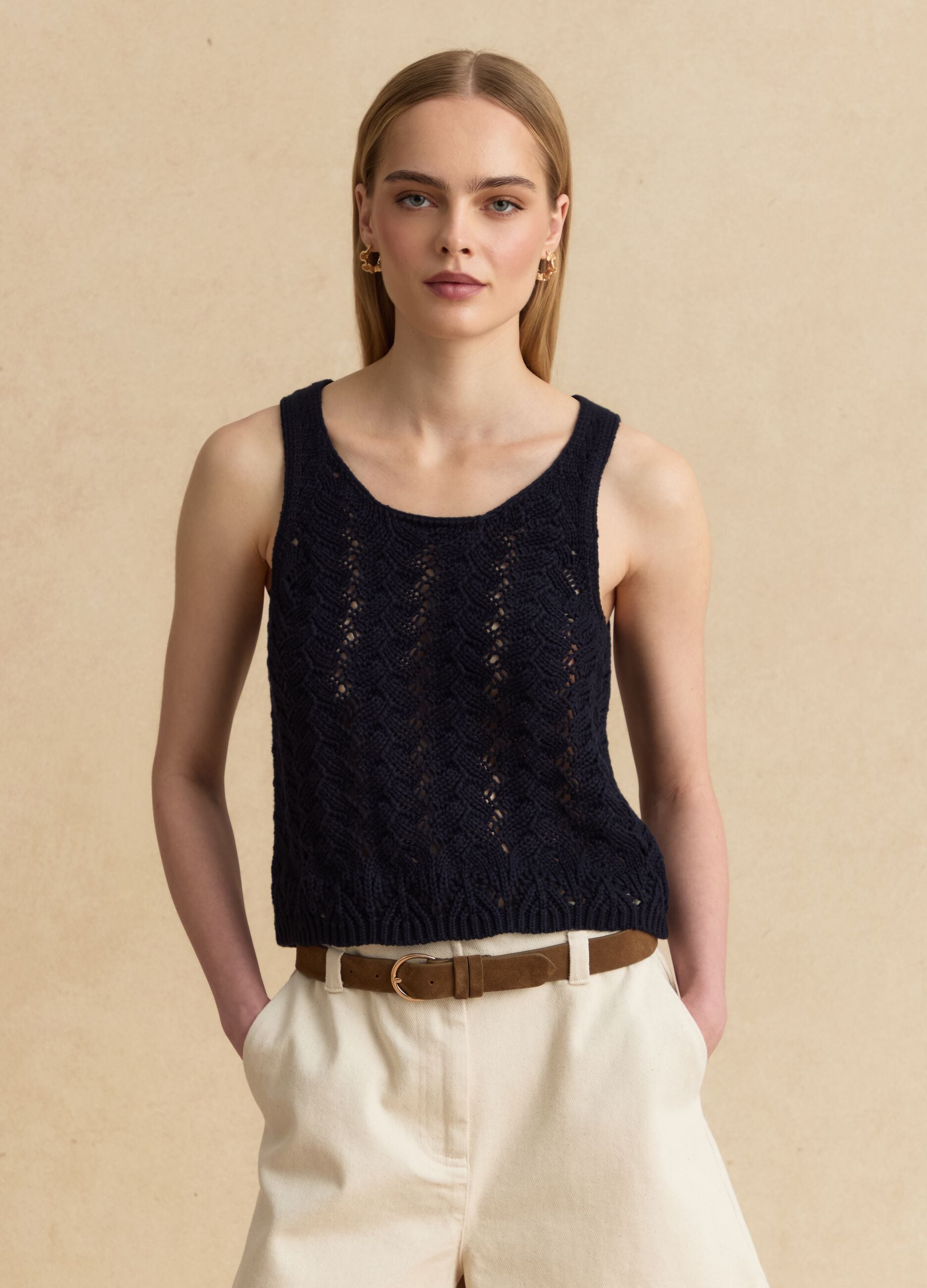 Blue pure-cotton crochet tank top