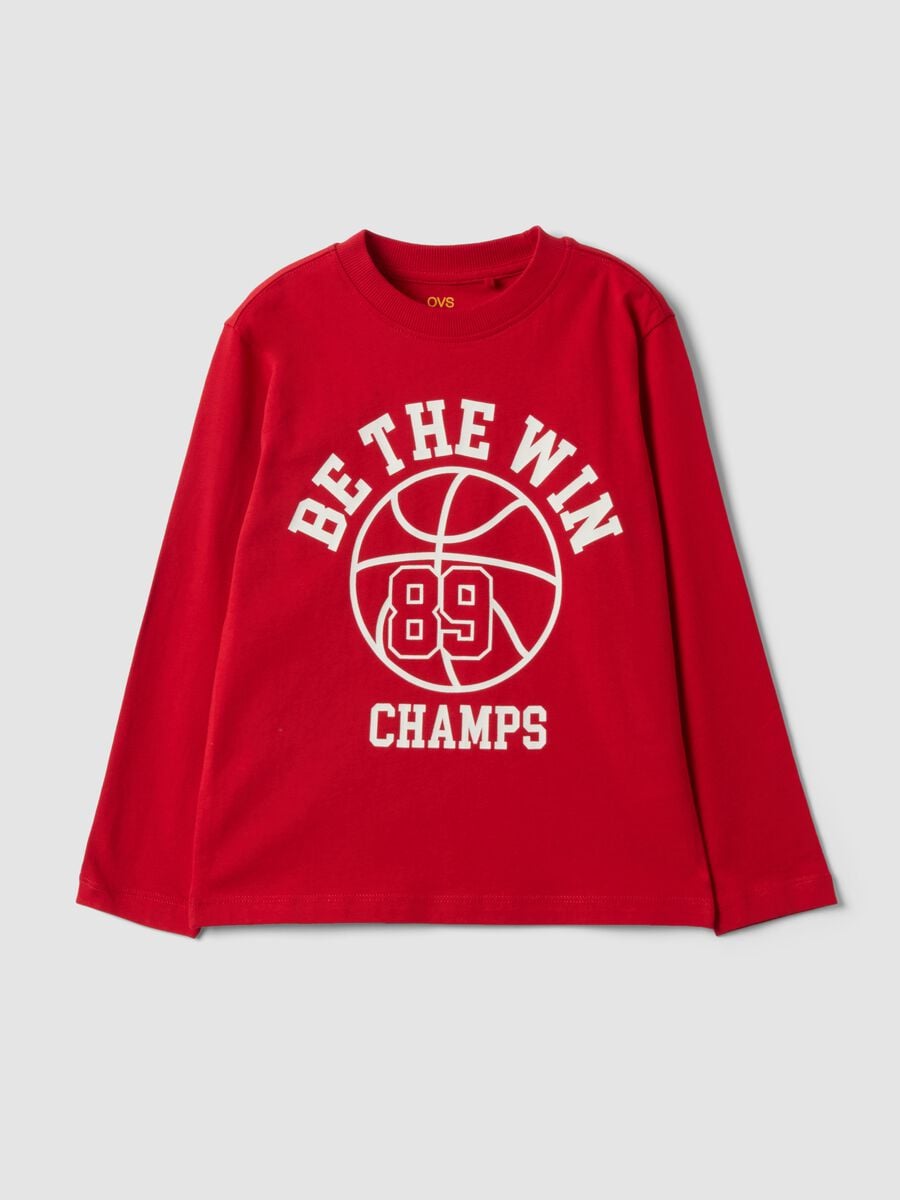 Red pure organic cotton T-shirt with varsity print for boys_0