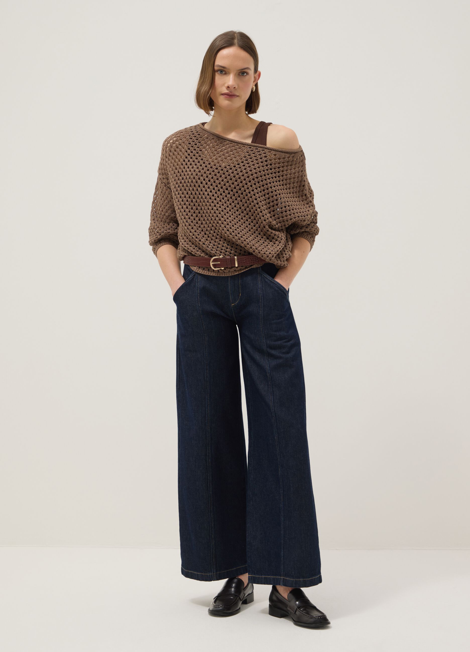 Brown cotton-blend oversized fit net texture jumper