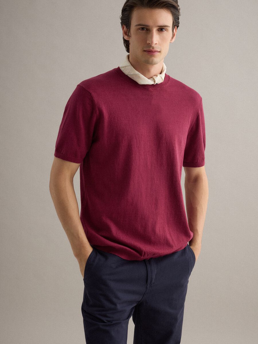 Short sleeve T-shirt in red cotton, linen and silk blend regular fit_0