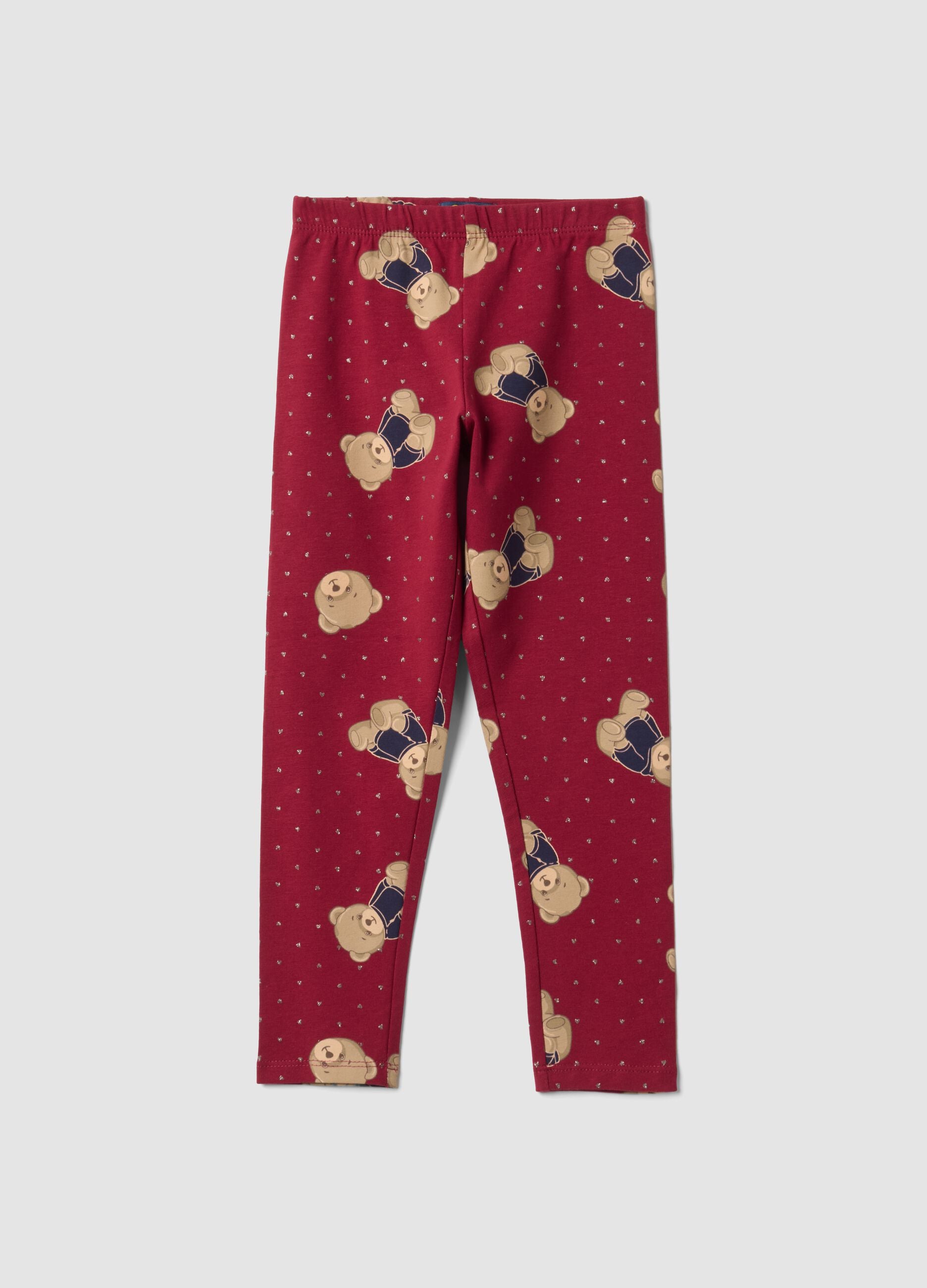 Red organic stretch cotton leggings with teddy bear print for girls