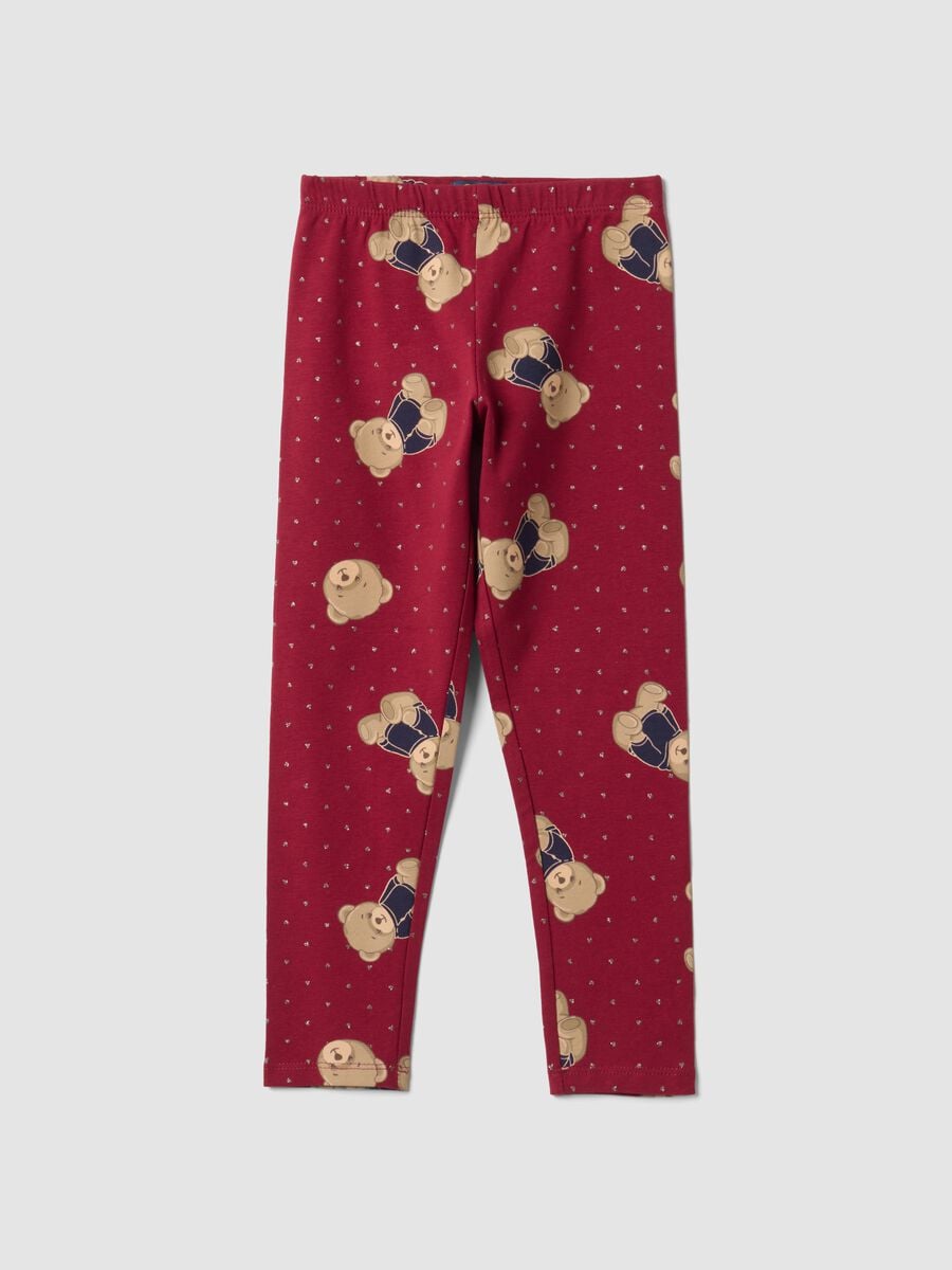 Leggings rossi in cotone organico elasticizzato con stampa orsetti per bambina_0