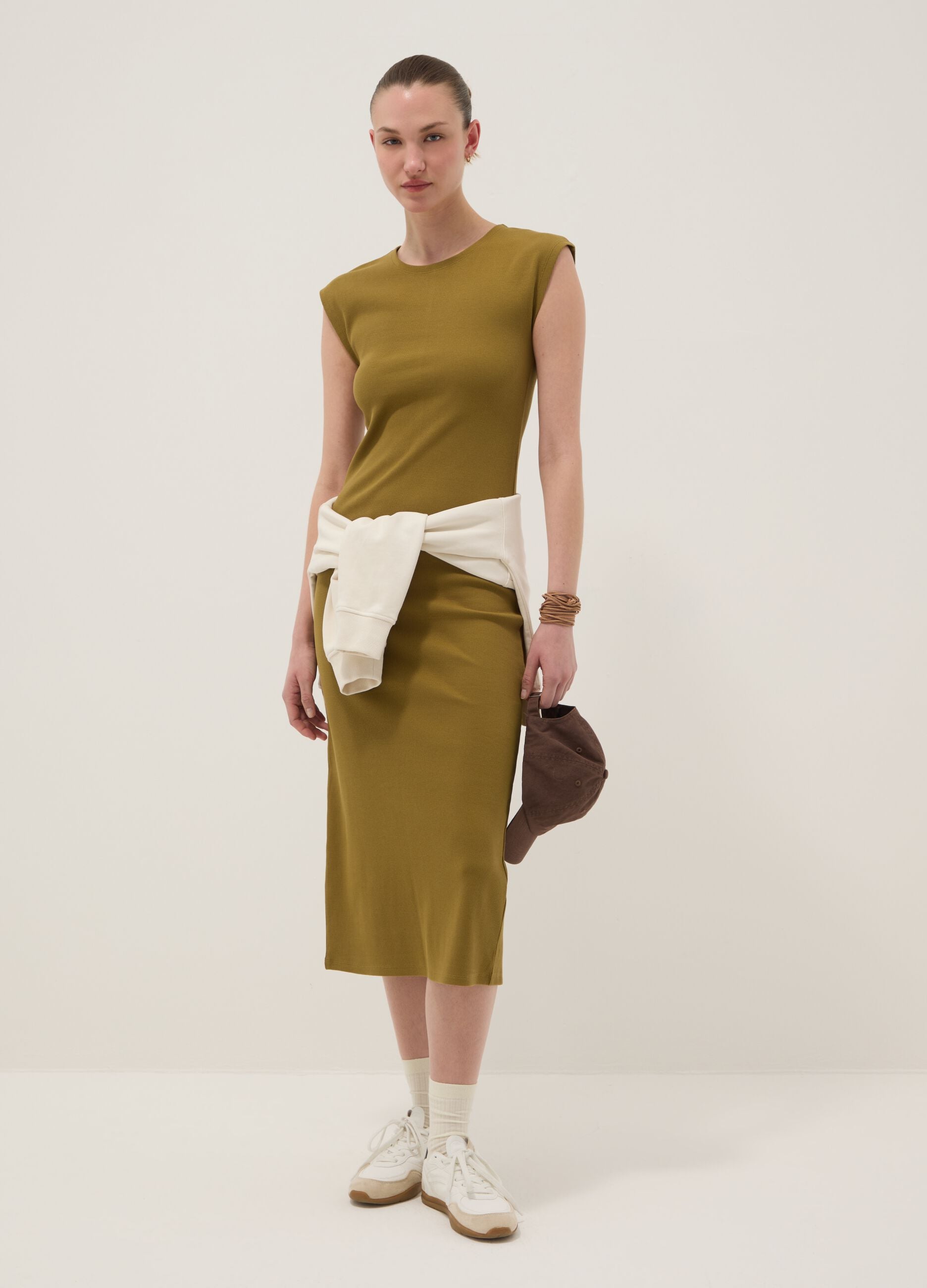 Green sleeveless fitted stretch-cotton dress
